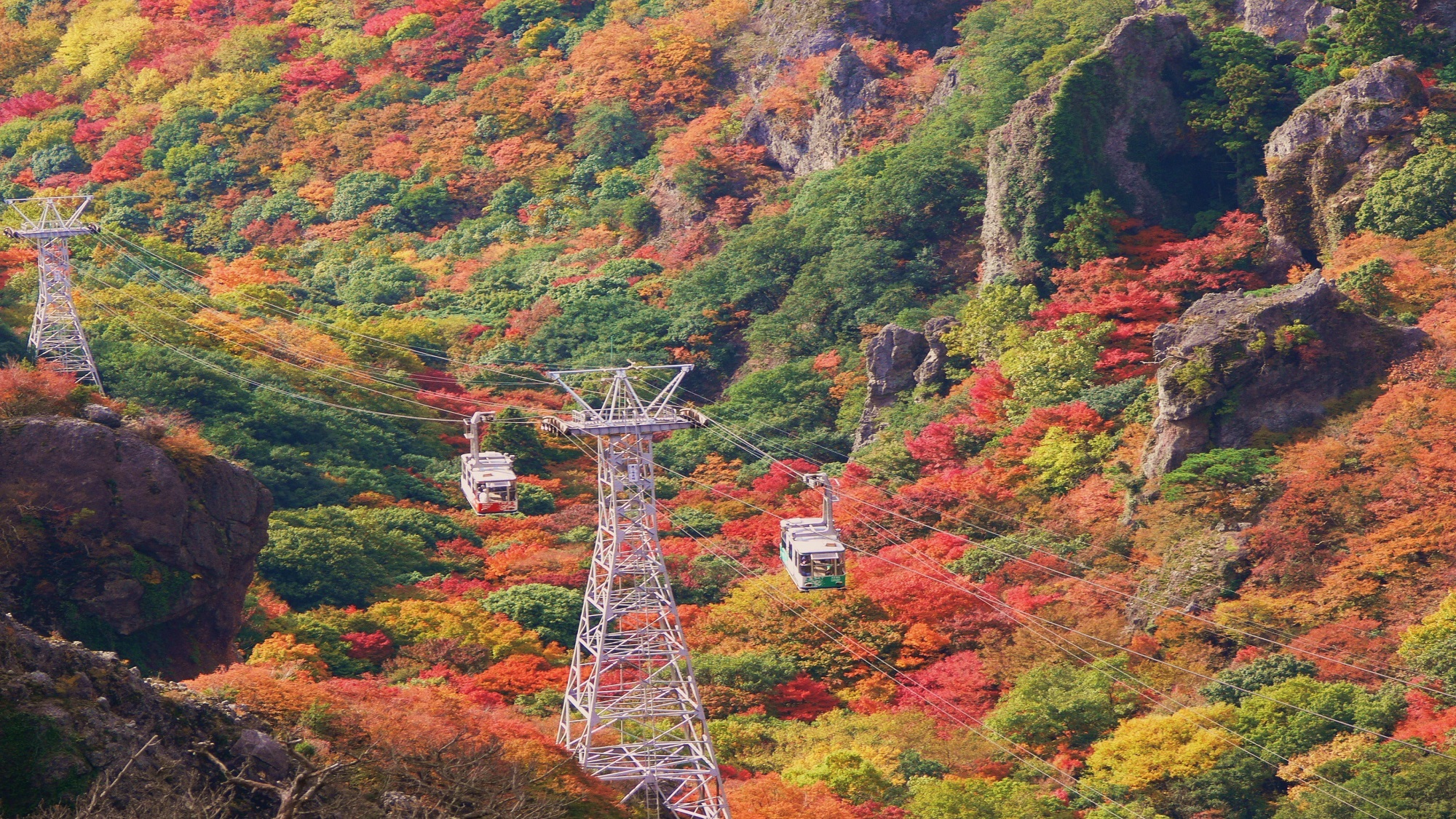 寒霞渓の紅葉とロープウェイ