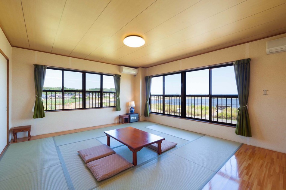 A panoramic view of Lake Kitaura from the window
