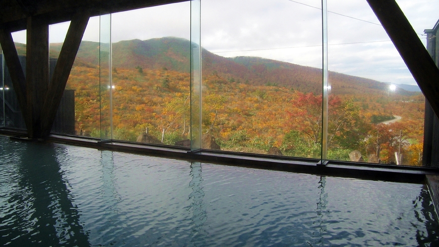 *【大浴場】国内屈指の湯量を誇る須川温泉源泉と開放的な空間から眺める秋の栗駒山をお楽しみください。