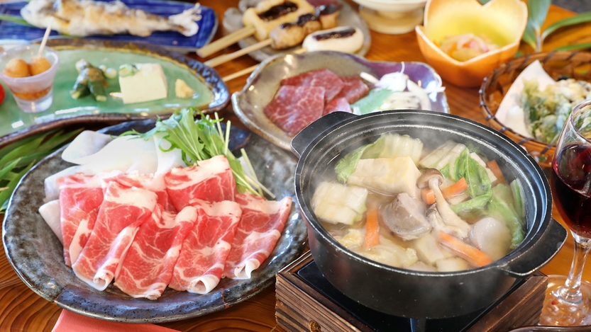 豚肉のしゃぶしゃぶ風田舎みそ鍋御膳（馬刺し＆ヤマメ付）個室食！２食付プラン