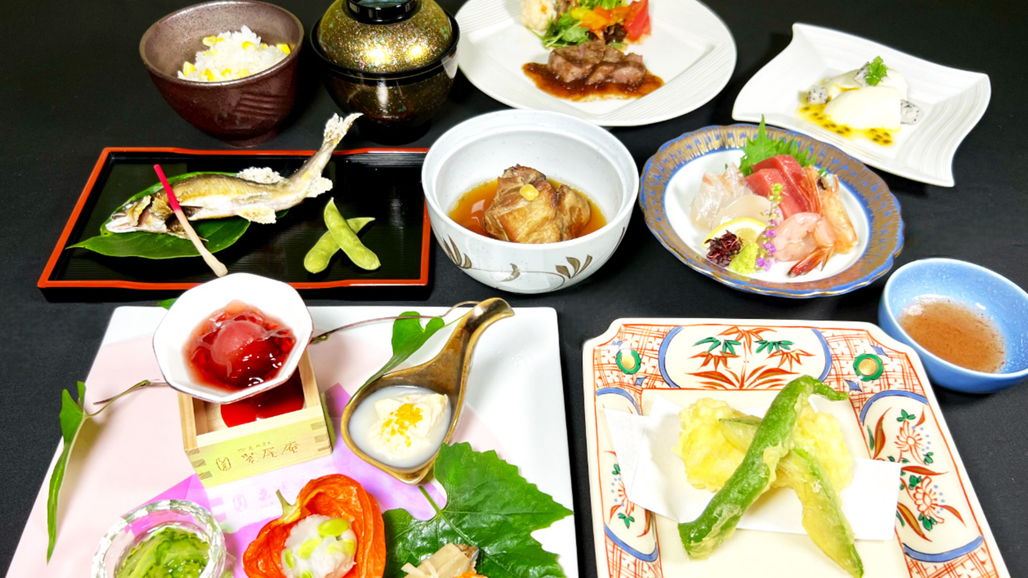 紫尾庵流創作懐石料理一例：季節を彩る旬の食材を用い、紫尾庵流のお料理をご提供致します。