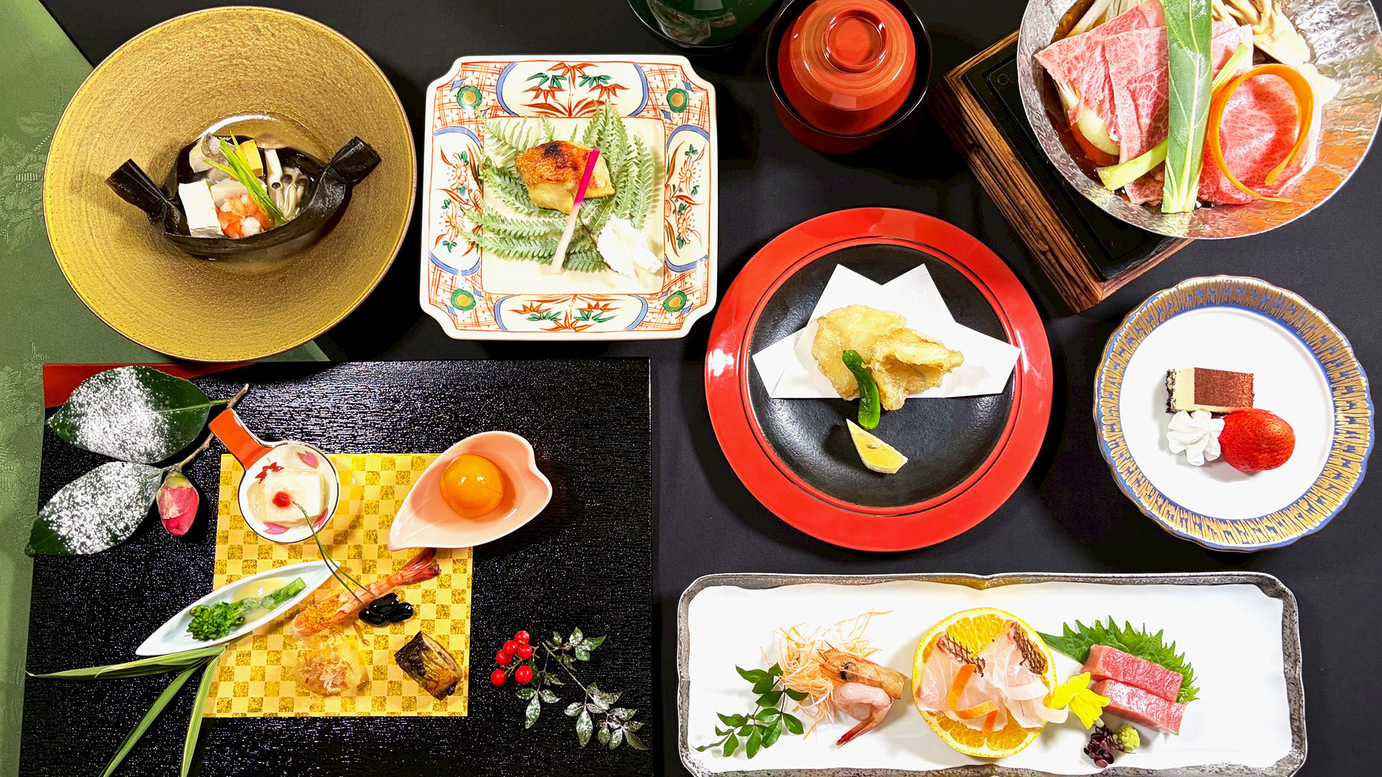 紫尾庵流創作懐石料理一例：季節を彩る旬の食材を用い、紫尾庵流のお料理をご提供致します。