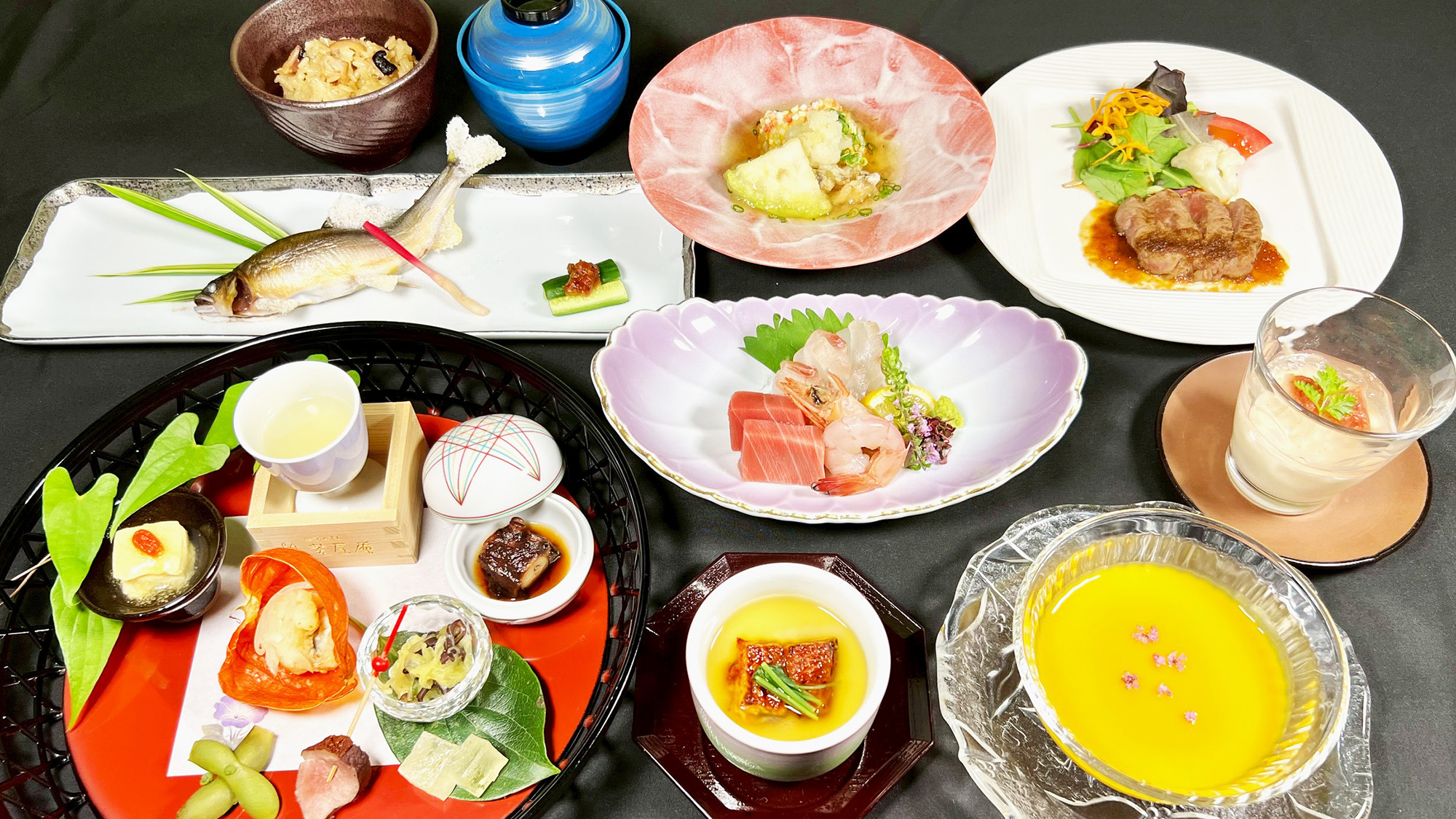 紫尾庵流創作懐石料理一例：季節を彩る旬の食材を用い、紫尾庵流のお料理をご提供致します。