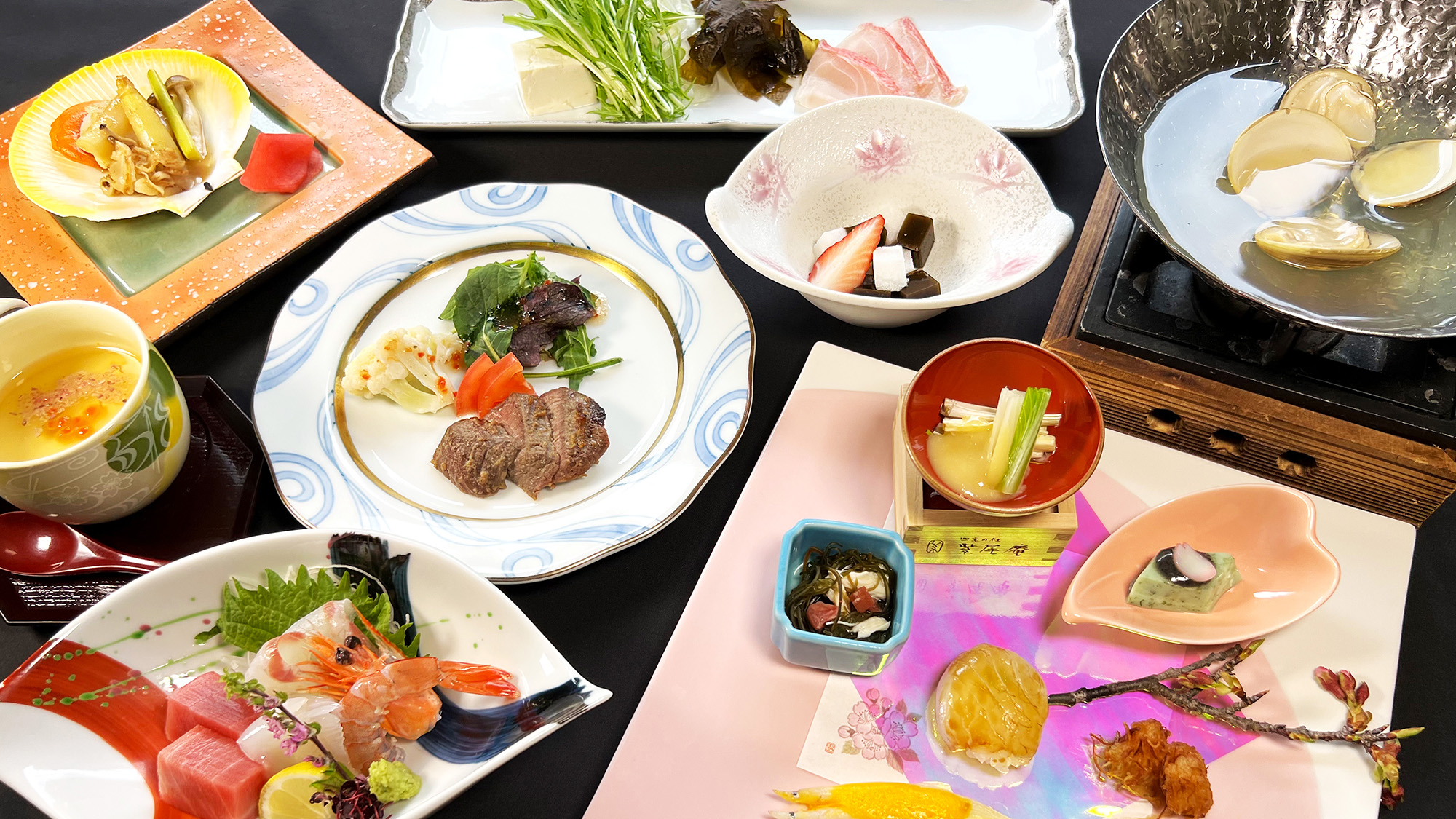 紫尾庵流創作懐石料理一例：季節を彩る旬の食材を用い、紫尾庵流のお料理をご提供致します。