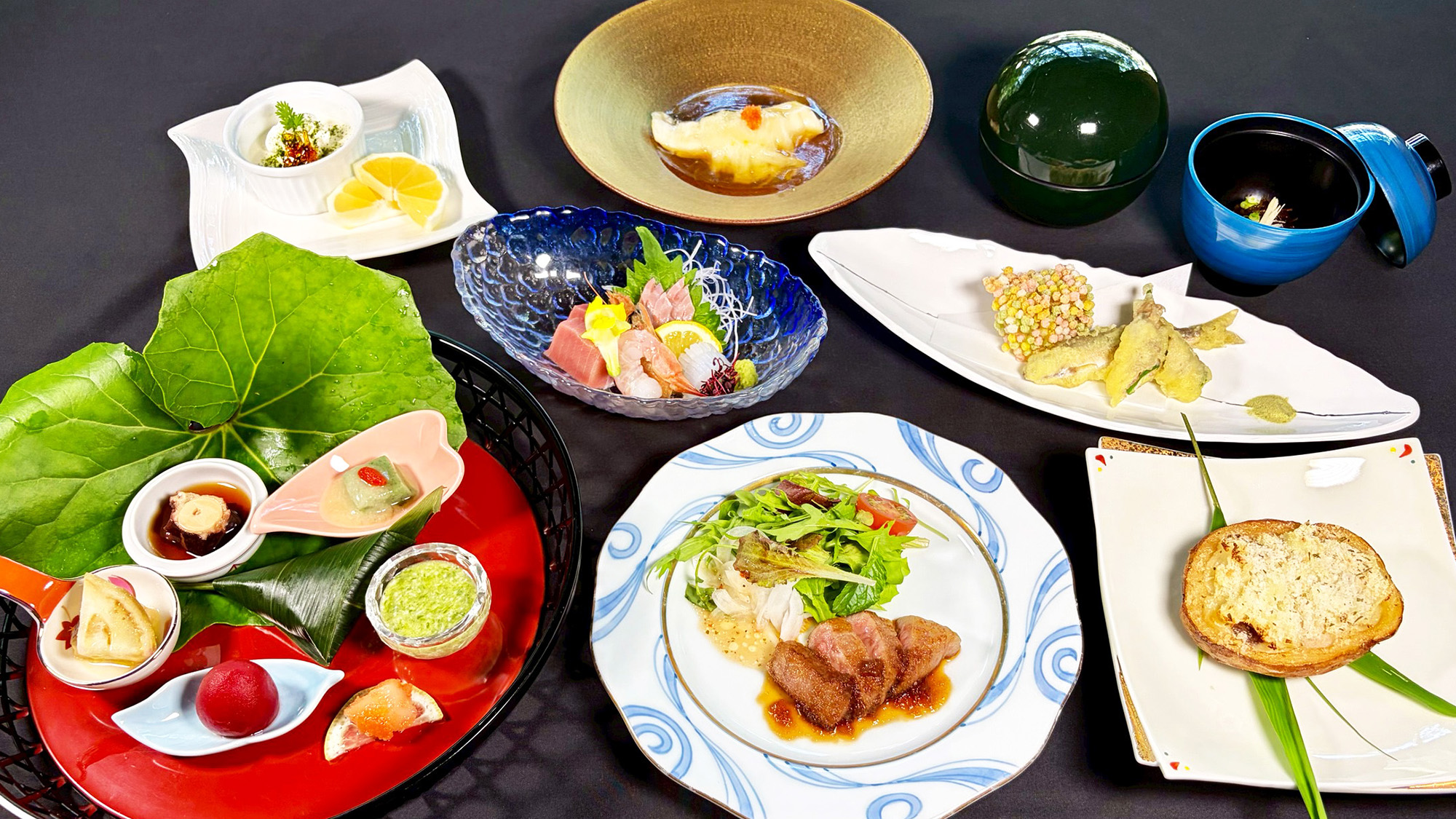 紫尾庵流創作懐石料理一例：薩摩の郷土料理や地元の素材をふんだんに使った四季折々のお料理です。