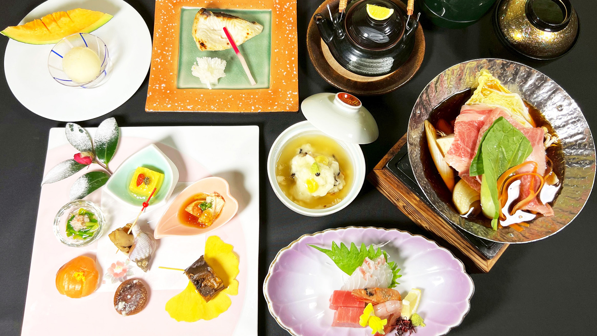 紫尾庵流創作懐石料理一例：季節を彩る旬の食材を用い、紫尾庵流のお料理をご提供致します。