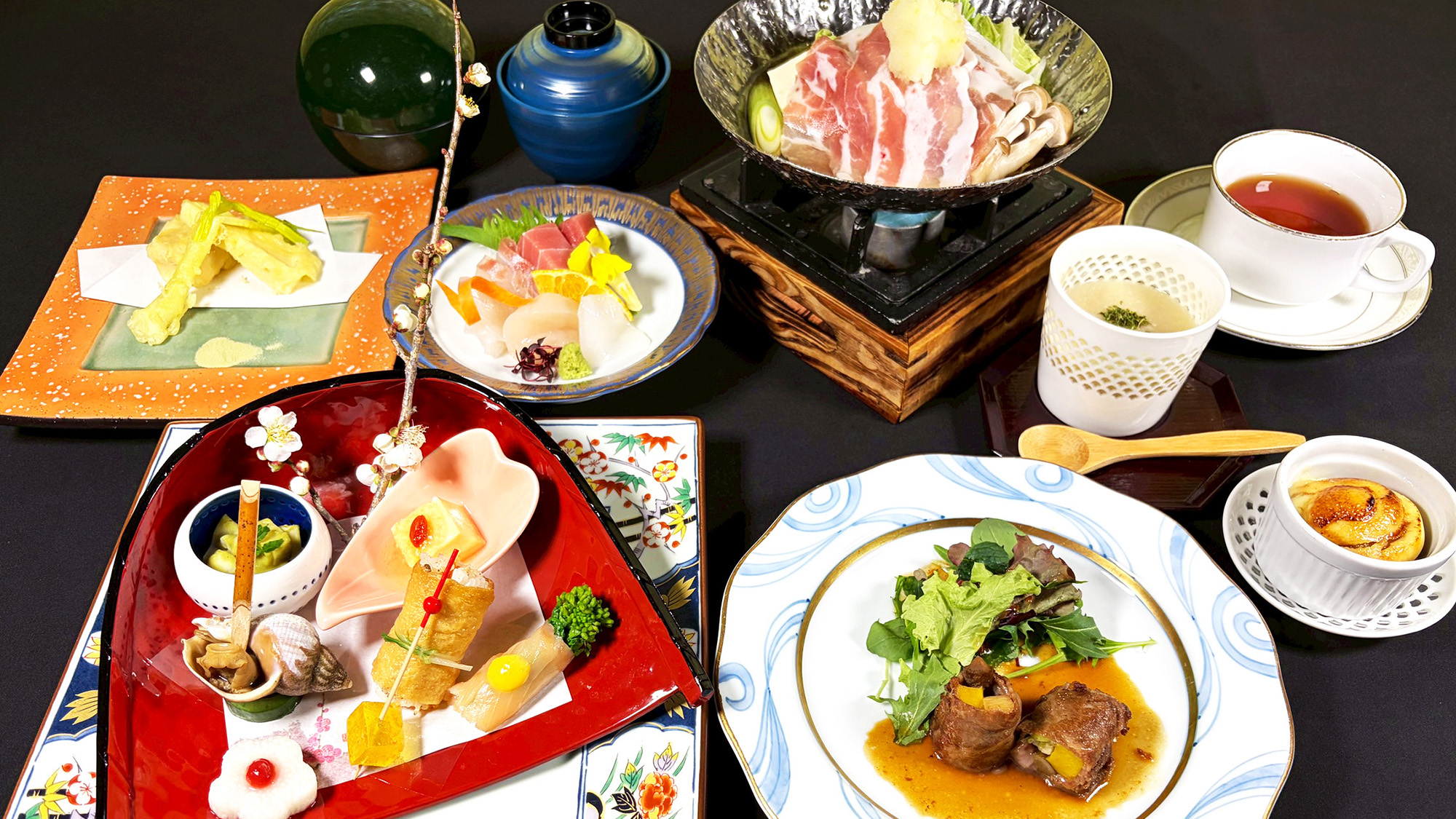 紫尾庵流創作懐石料理一例：薩摩の郷土料理や地元の素材をふんだんに使った四季折々のお料理です。