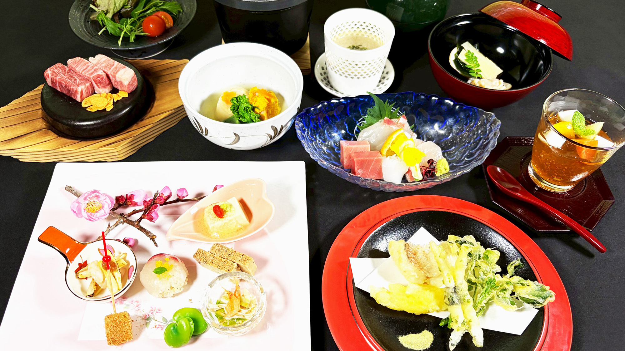 紫尾庵流創作懐石料理一例：薩摩の郷土料理や地元の素材をふんだんに使った四季折々のお料理です。