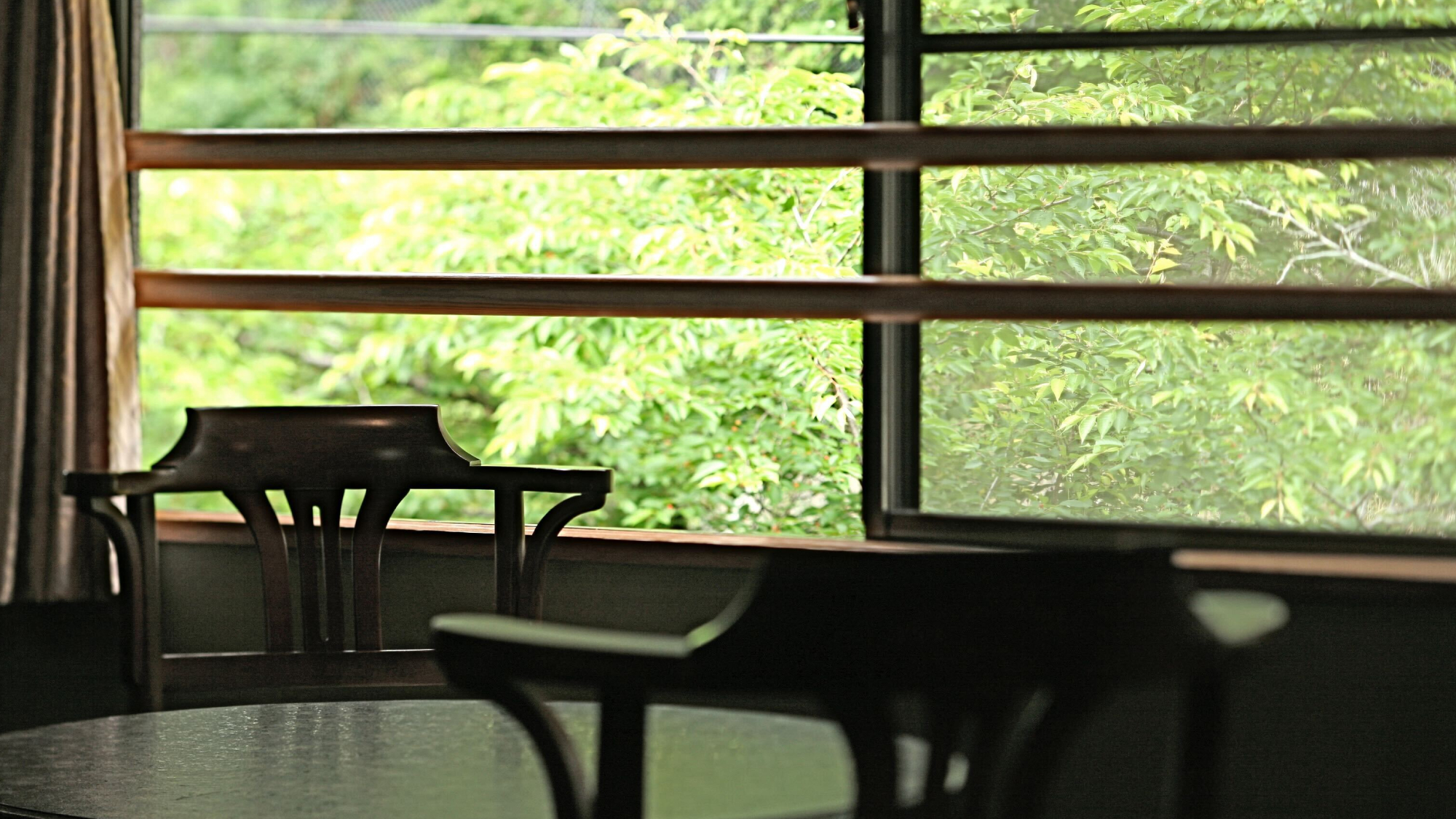窓の外に広がる緑、湖畔の隠れ宿のくつろぎ部屋