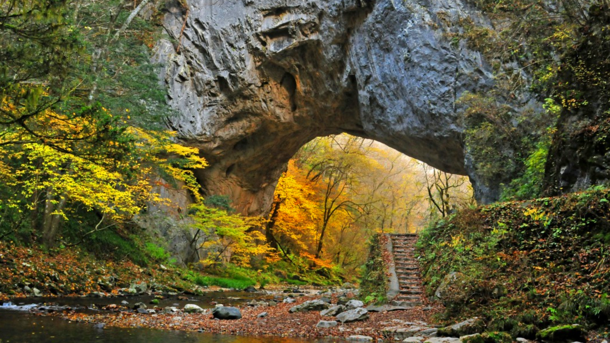 錦に染まる神秘の石橋──静寂に満ちた秋のひととき