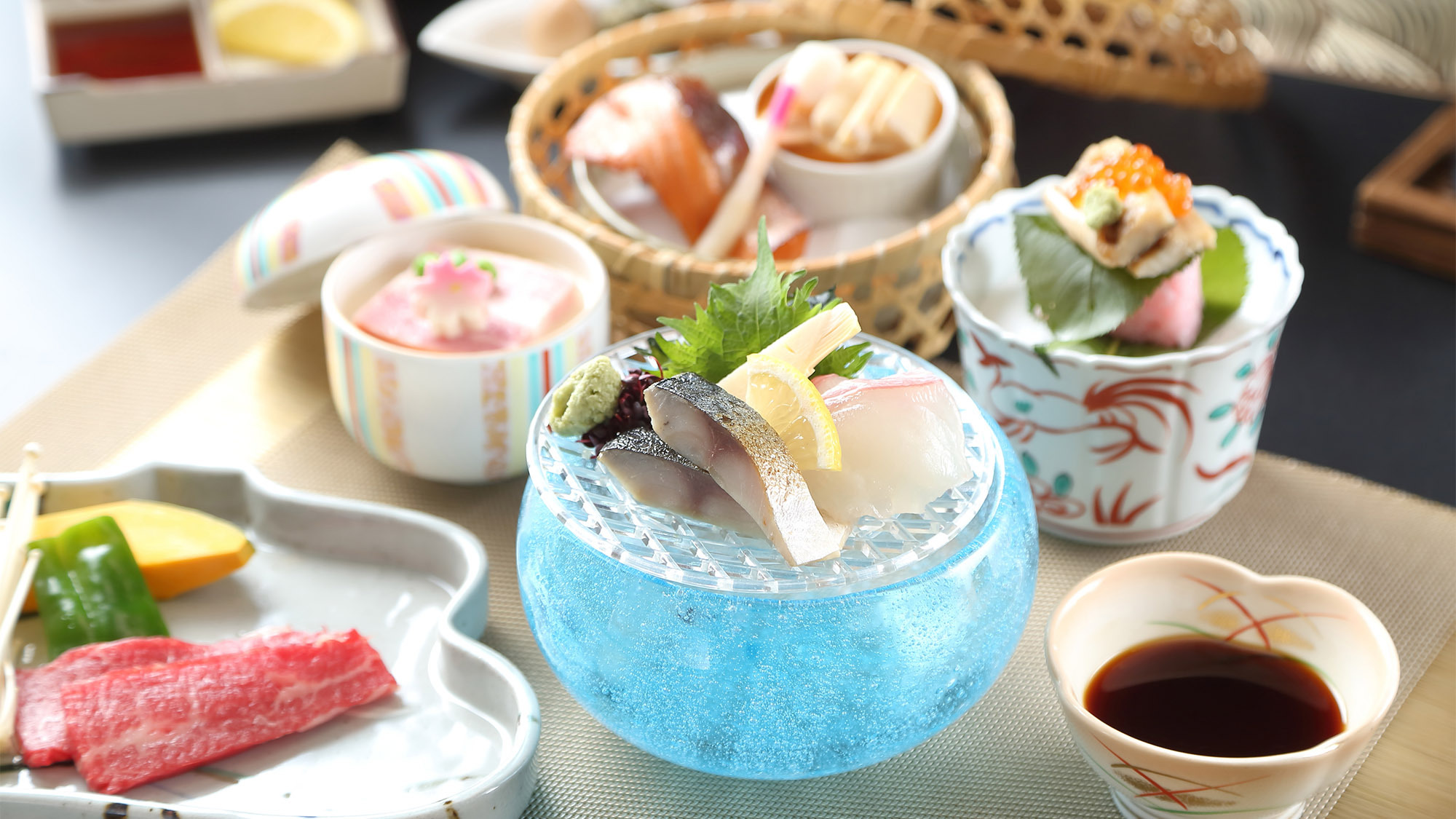 ・【創作会席小倉山（春）一例】海の幸、山の幸を盛り込んだ季節替わりのお料理です