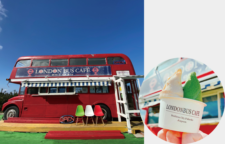 糸島LONDONBUSCAFÉ。バスの2階に入ることもできます！〔二見ヶ浦から車で8分〕