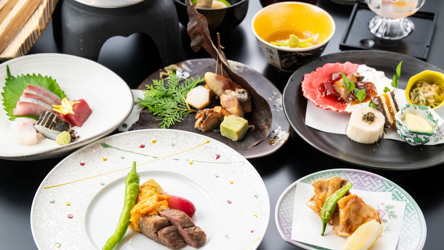 【食事処★特選会席】九州産の「和牛ステーキ」と「玄界灘旬魚の造り」〜山海の幸の旨みにこだわり〜