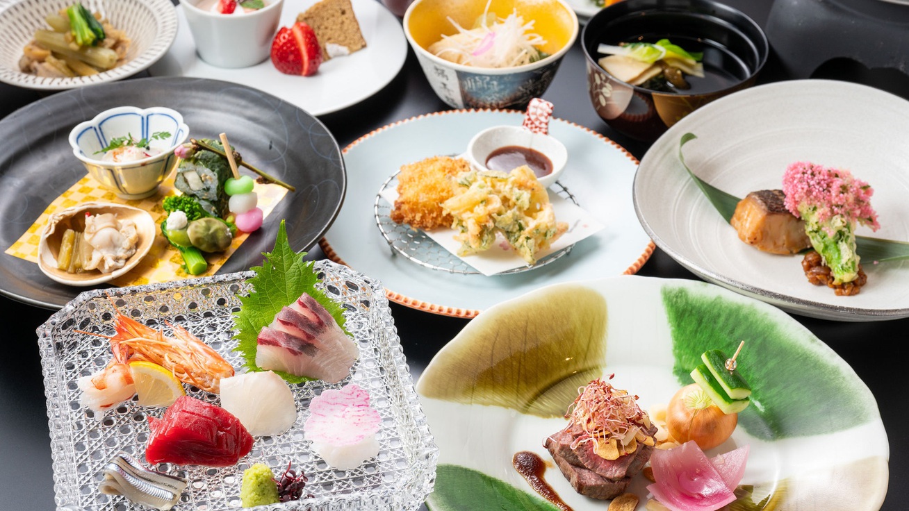 【食事処★特選会席】九州産の「和牛ステーキ」と「新鮮な旬魚のお造り5種」〜山海の幸の旨みにこだわり〜