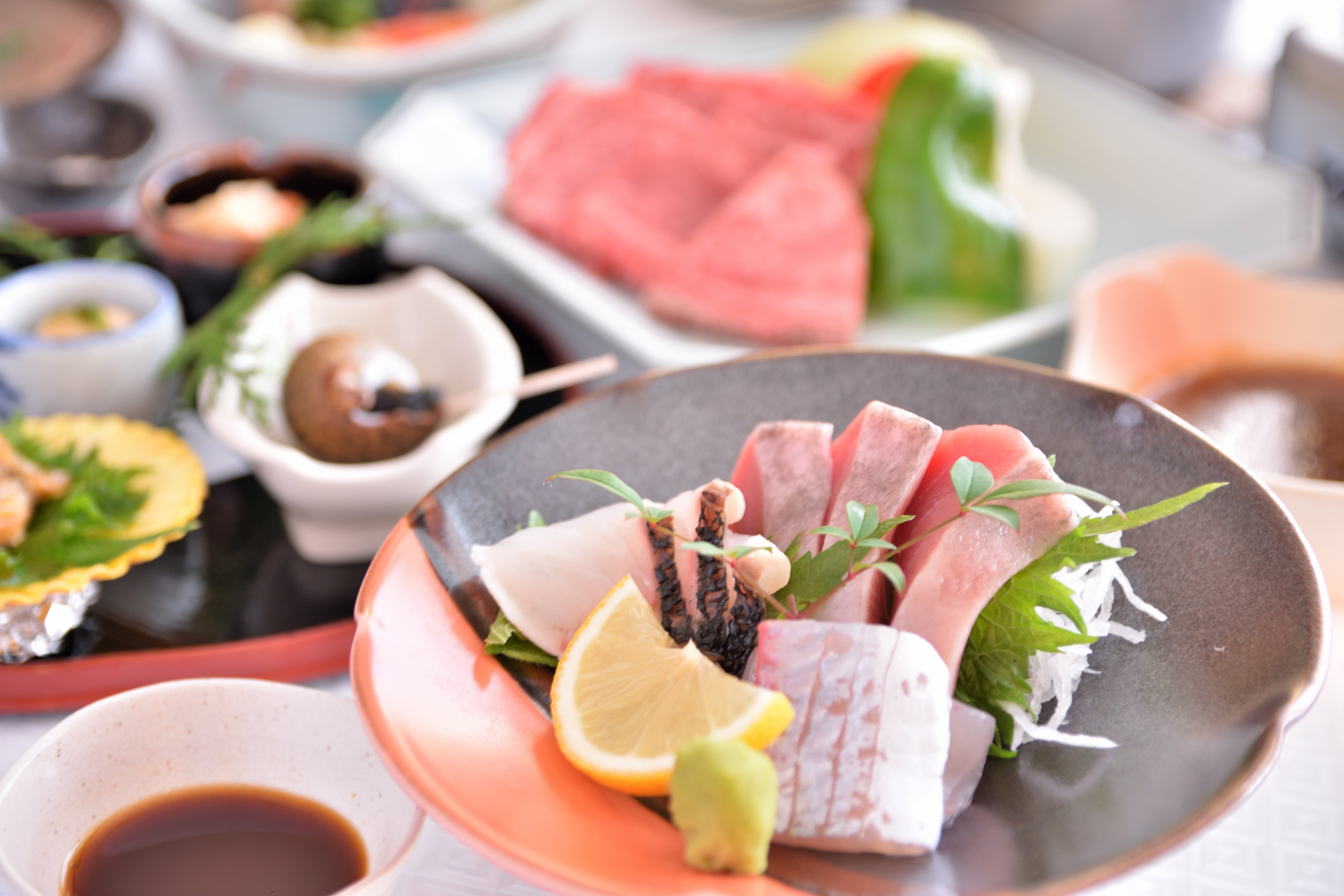 お造り例　黒潮で水揚げされた、季節の旬鮮魚を使用。