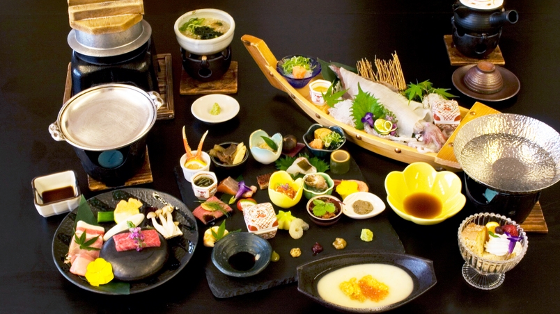 お一人で姿烏賊1杯付「美食プレート会席」と地元のお肉3種 陶板焼きプラン