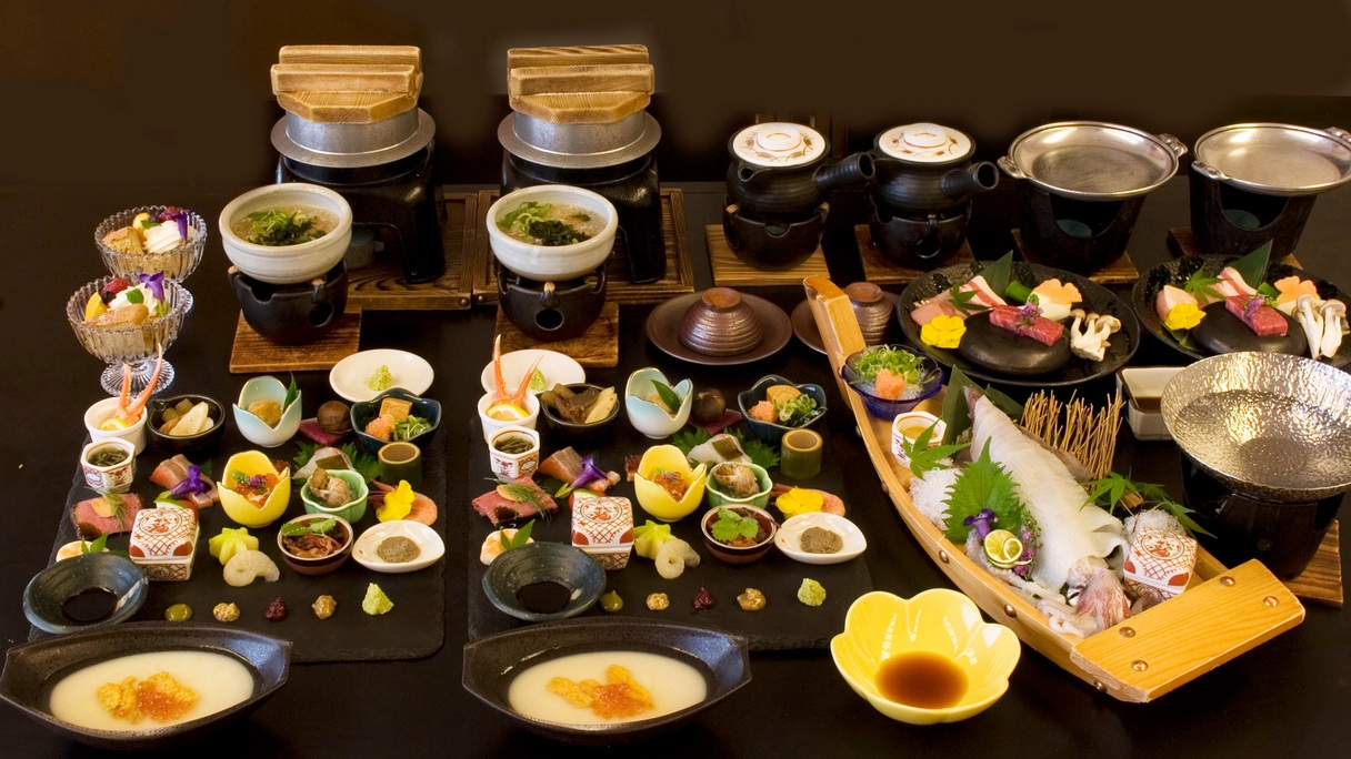 ご夫婦　お二人で姿烏賊一杯付き「美食プレート会席」と地元のお肉3種　陶板焼き