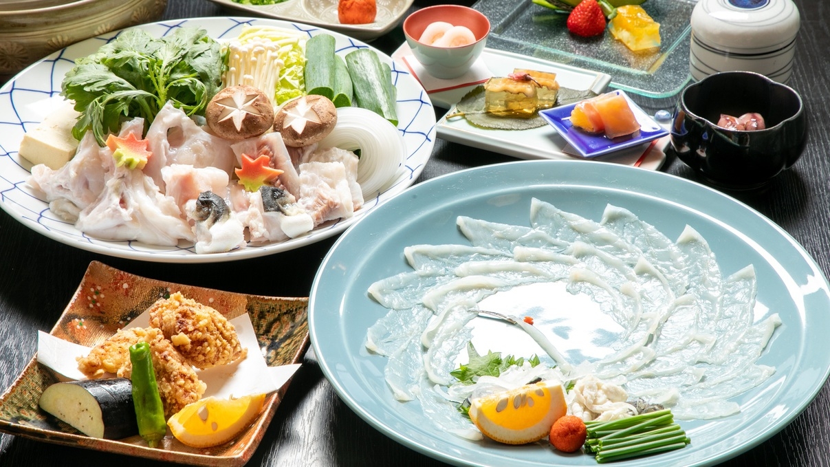 【期間限定企画・第3弾】ふく尽くしのフルコース＆ひれ酒含む２H飲み放題付♪大皿とらふく刺しは一人一枚