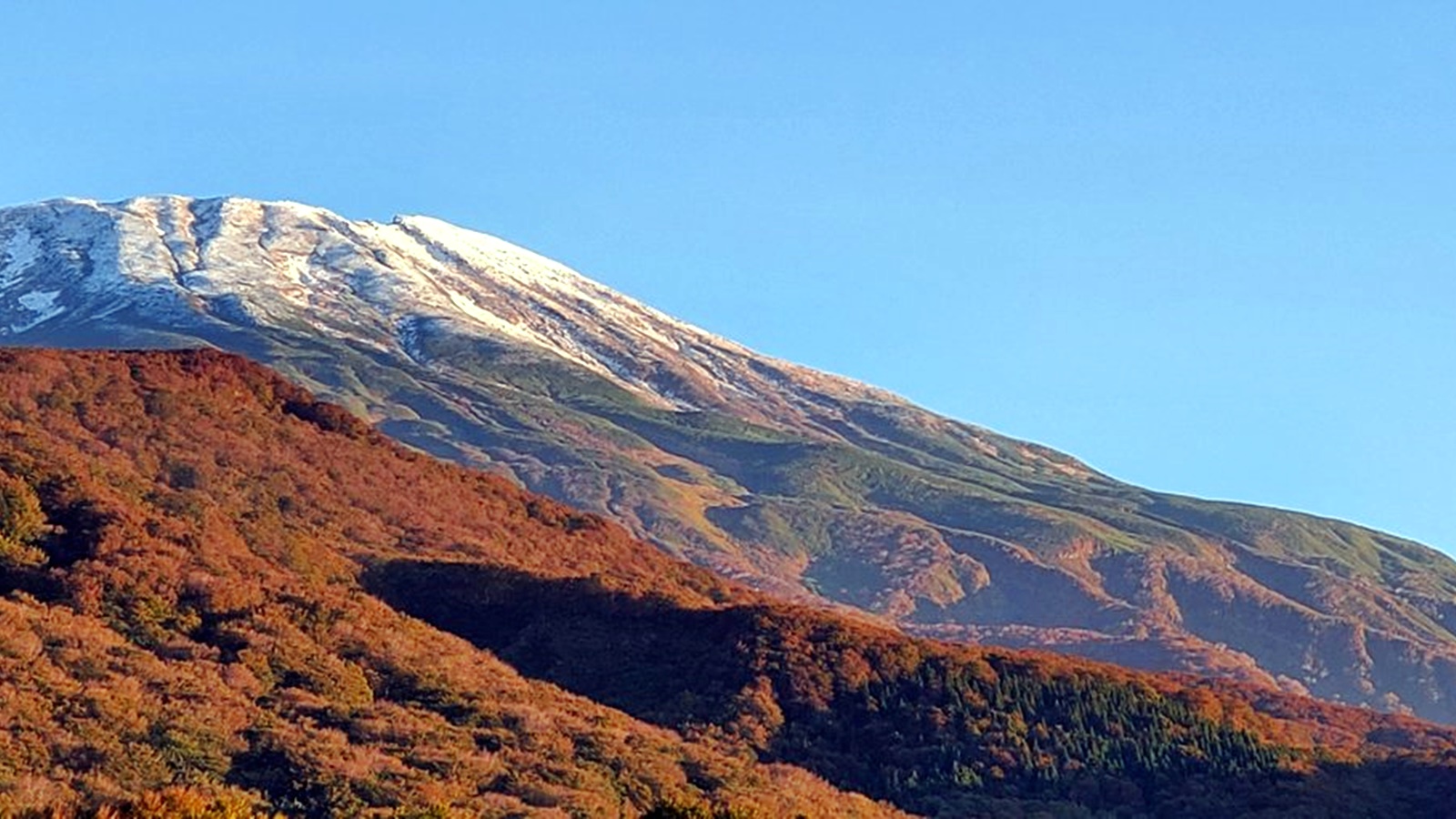 *紅葉した鳳来山と冠雪した鳥海山