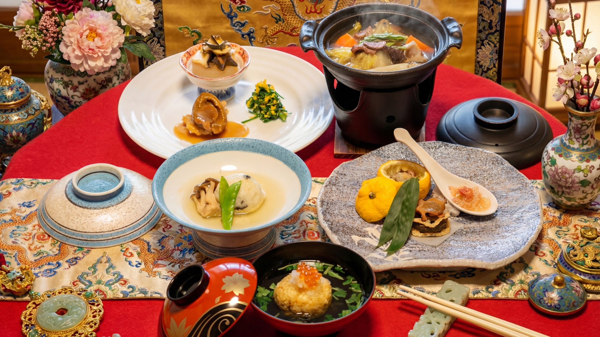 【長寿と健康を祝う皇帝の膳】世界最高峰「吉品干鮑」と三陸俵物三品。美酒と味わう不老長寿の特別会席