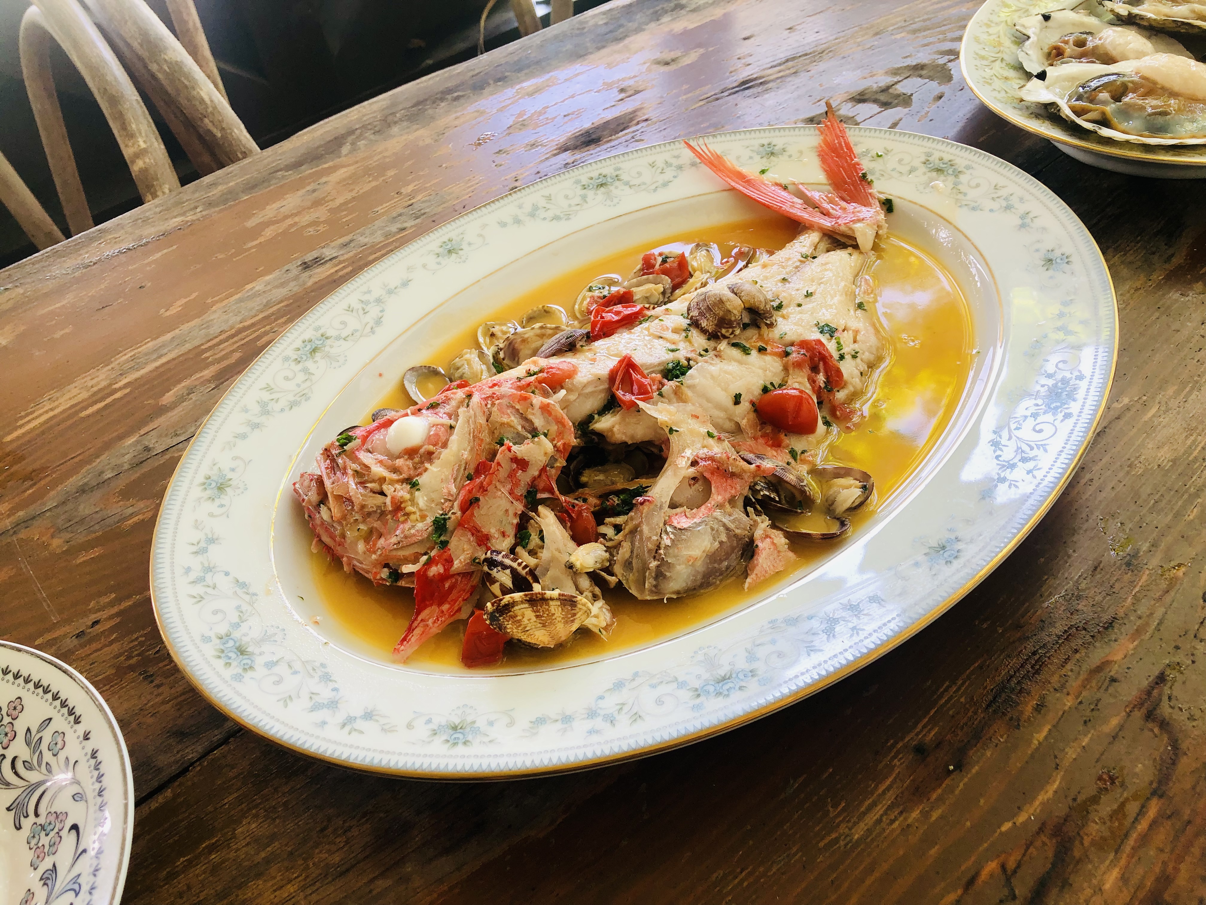 テラス席でのアクアパッツァの写真です！