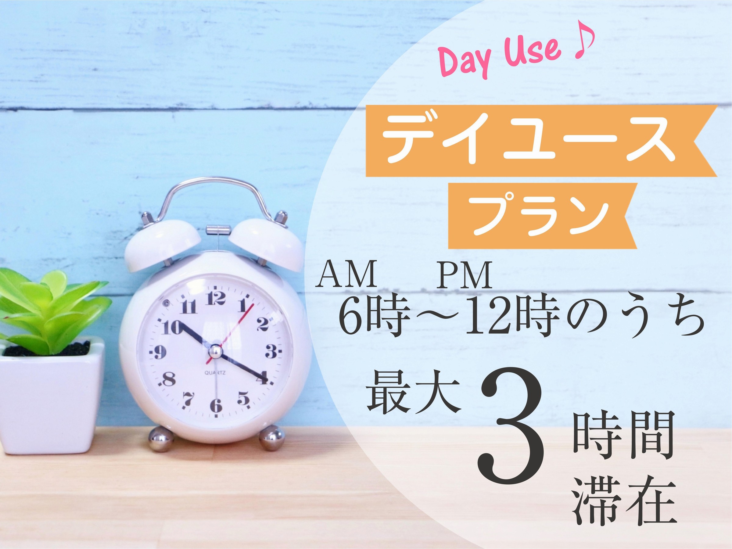 【日帰りデイユース】AM6：00〜PM12：00のうち最大３時間ご滞在ＯＫ★