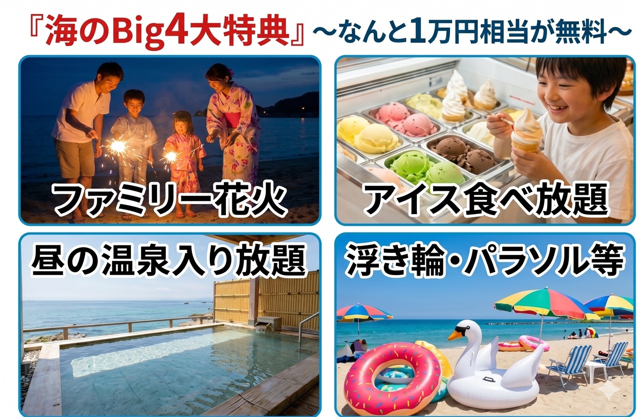 《夏のBIG4特典》1万円相当が無料！海水浴＆温泉満喫＆ミックスグリル　夕食時飲み放題付【禁煙】