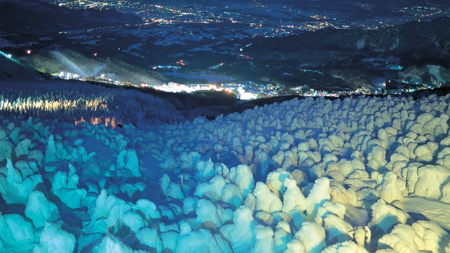 #【蔵王温泉スキー場】シーズン中は幻想的な樹氷のライトアップを楽しむことができます。　