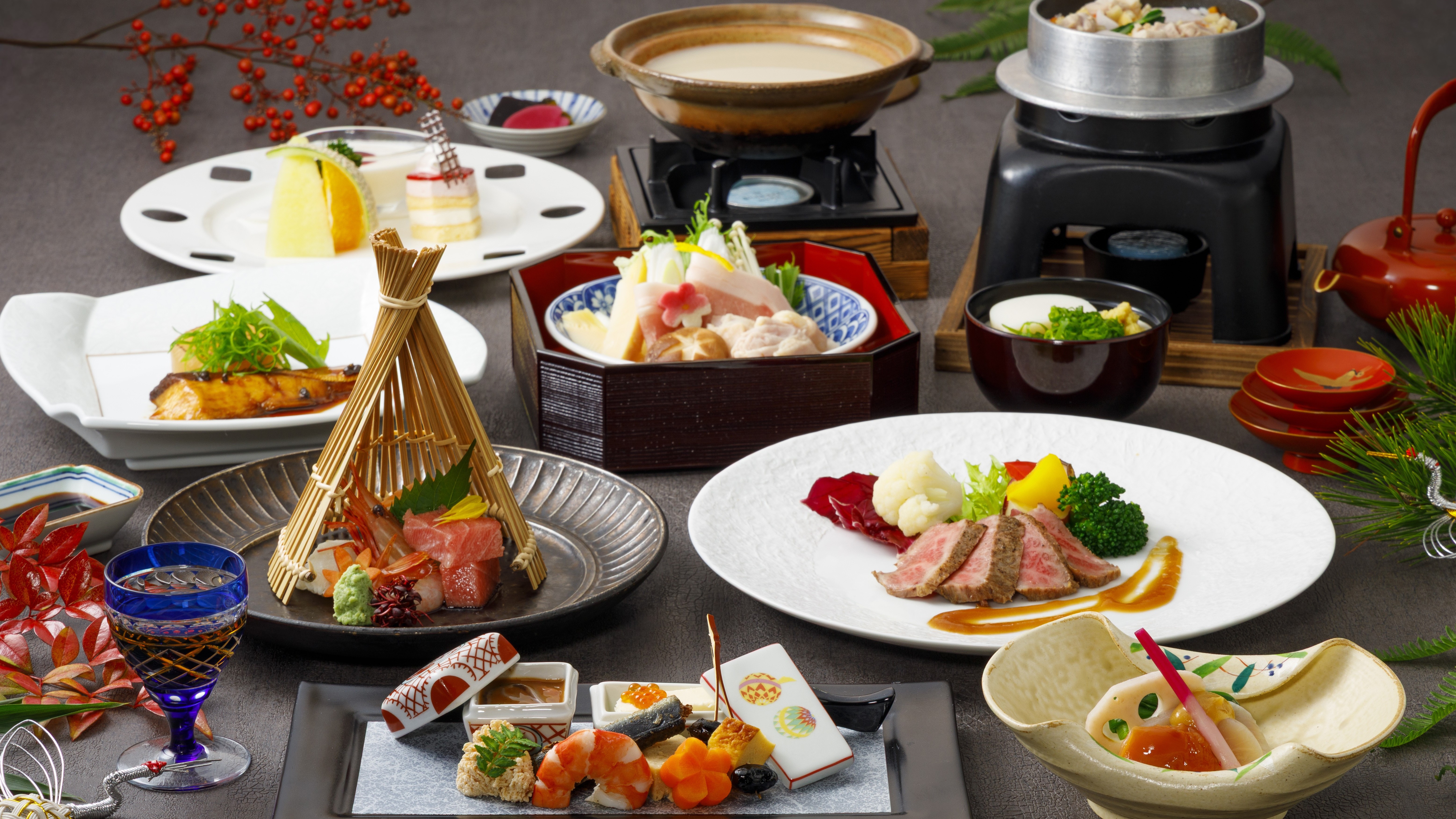 2026年1月2月料理長特選◆讃岐オリーブ牛ステーキとオリーブ地鶏とオリーブ豚の飛鳥鍋