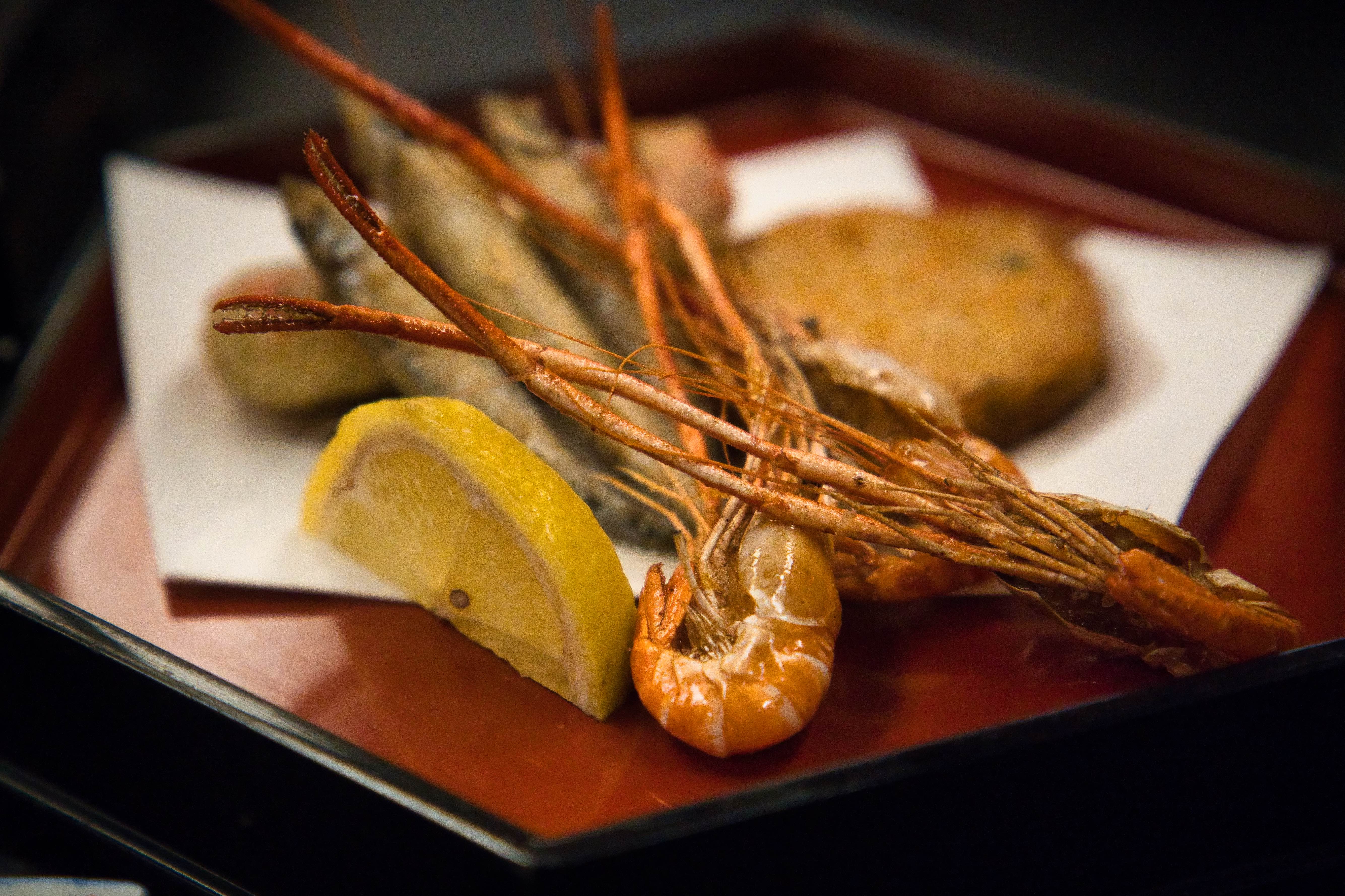 夕食。土佐の幸・テナガエビのから揚げ。