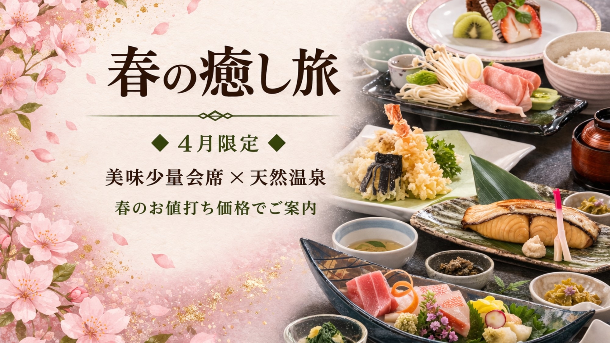 【4月限定｜新春旅】美味少量会席×天然温泉で味わう春のリラクゼーションステイ│2食付