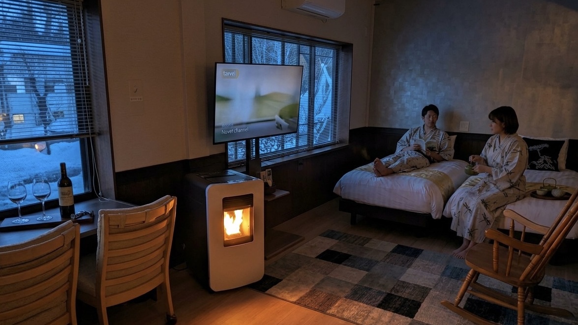 スイート《ペット受入不可》2～6名／天井高な大空間に、この冬、ペレットストーブの穏やかなゆらぎ