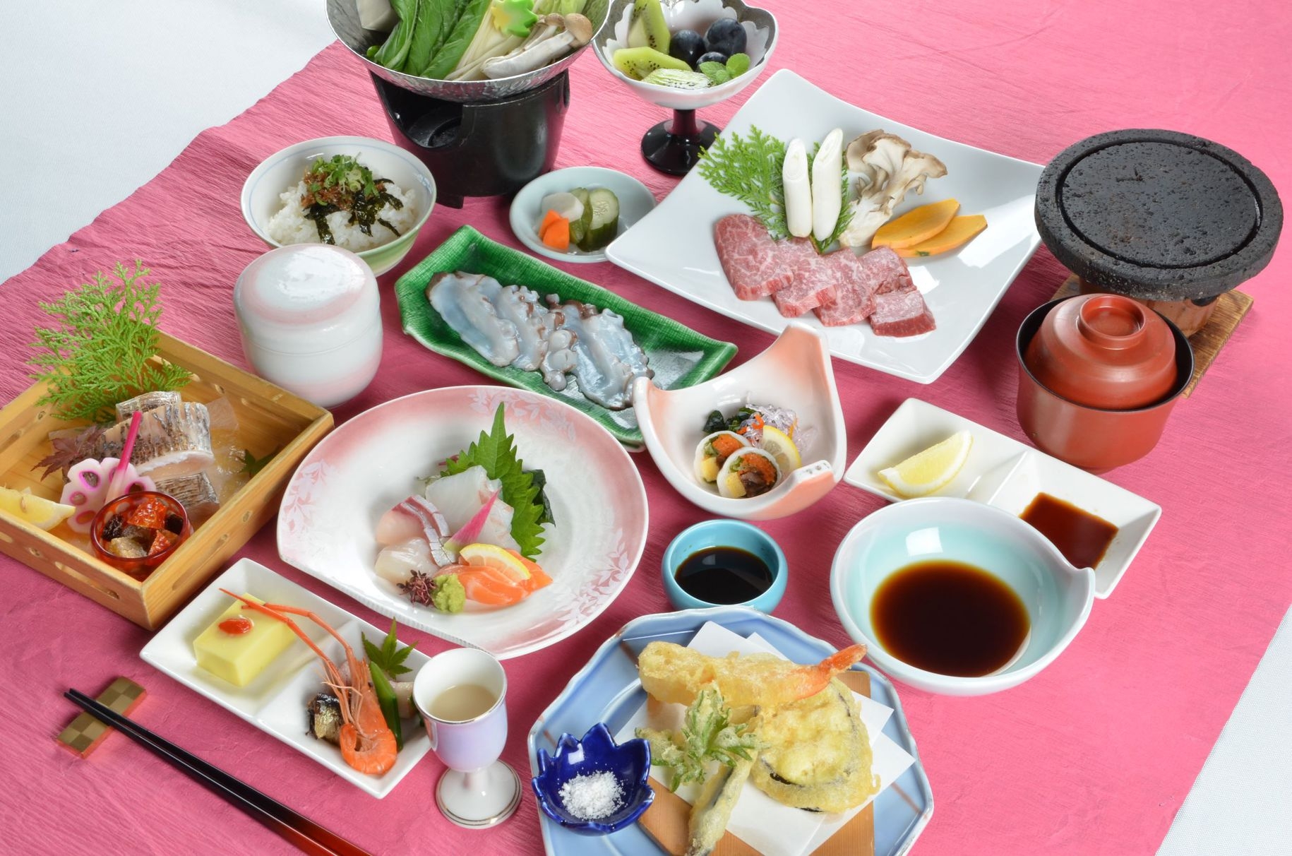 【お料理重視】★三原名物タコしゃぶ＆国産牛の溶岩焼き会席+上刺身と握り寿司付き（大岩風呂入浴無料）