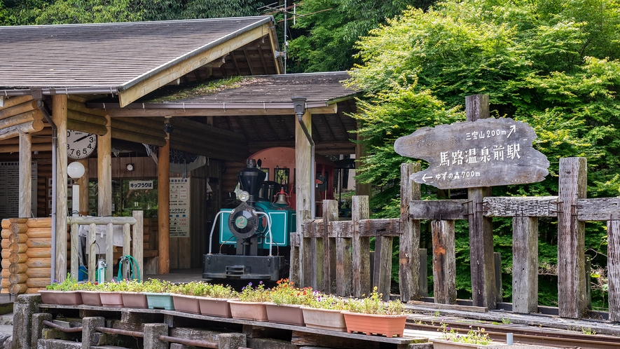 *【周辺観光/森林鉄道】森林鉄道の蒸気機関車を再現した車輌が小さな谷沿いを走りよります