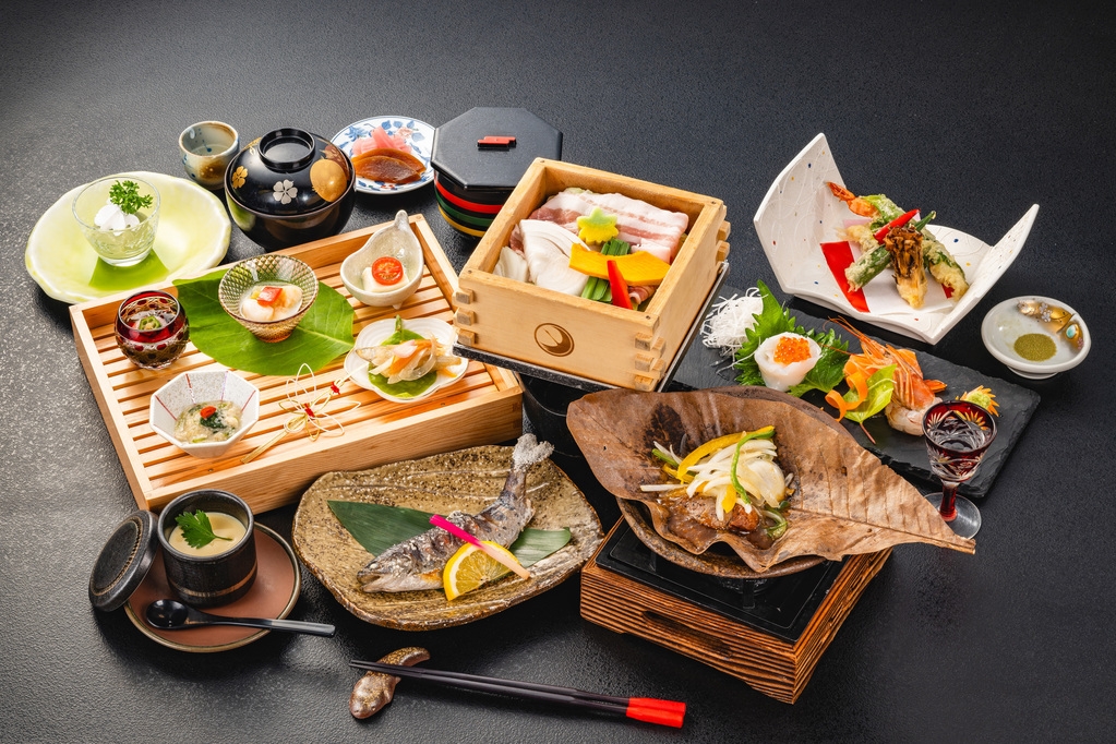 【個室食】つるや一番人気「日本酒蒸篭蒸し＆湯原山女魚の塩焼き＆朴葉焼き」定番・竹会席