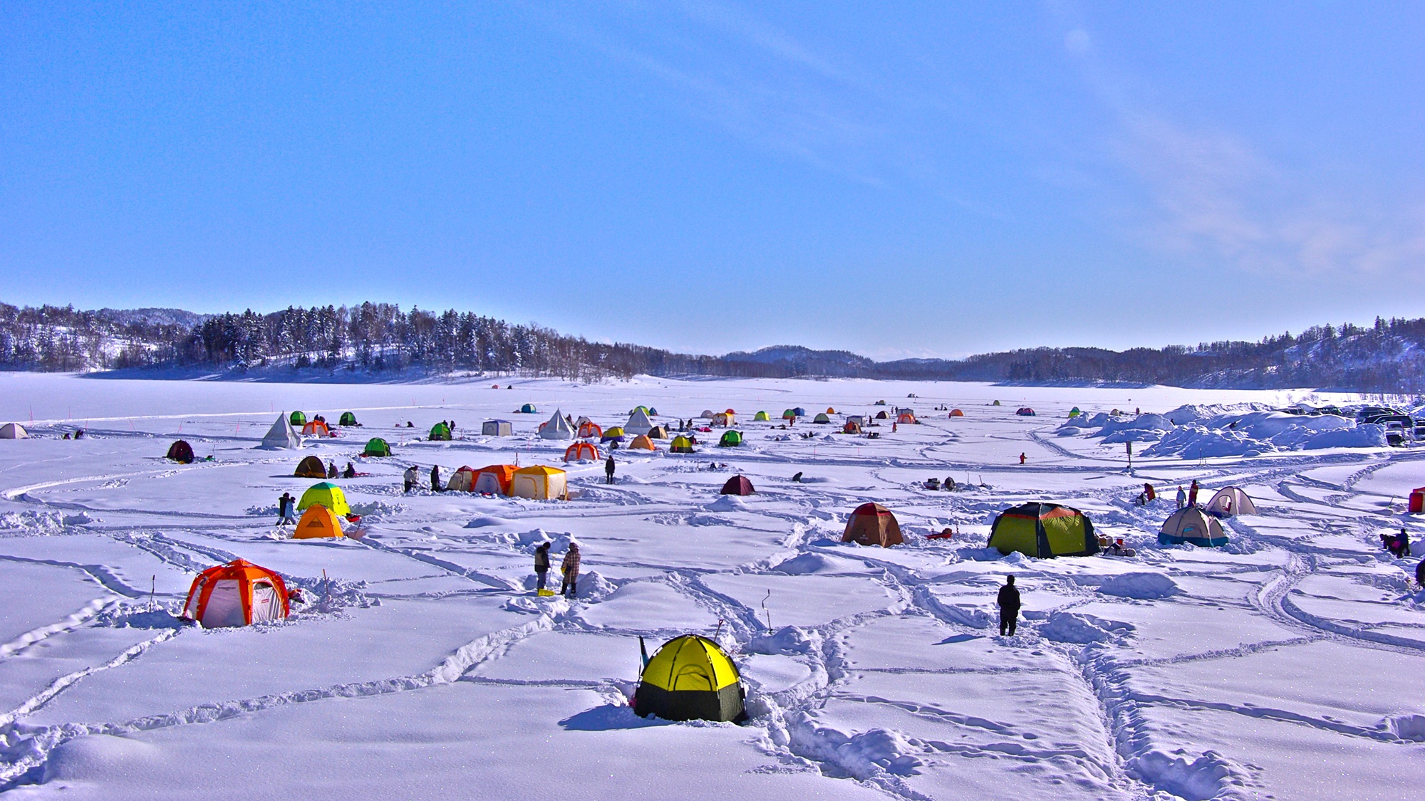 *【ワカサギ釣り】真っ白な湖の上に色とりどりのテントが並ぶ光景は、冬の風物詩！