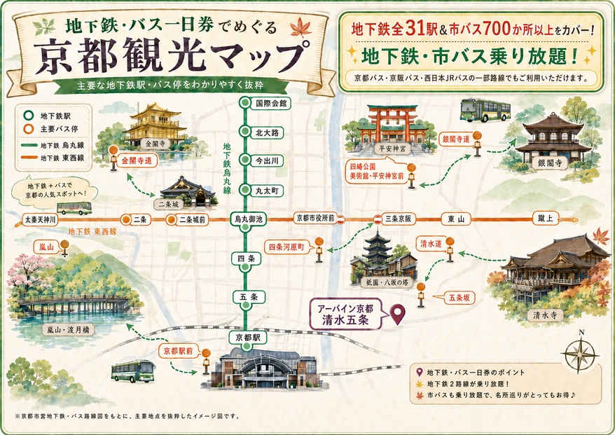【もう迷わない！スムーズな京都旅】フロントでチケットお渡し！地下鉄・バス一日券でお得に観光プラン