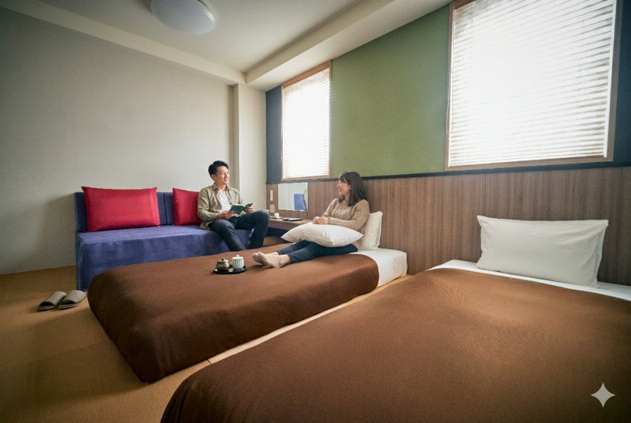 ツインルームは、シングルベッドを２台とソファ１台を備え付け。ソファはベッドにも組み替え可能です。