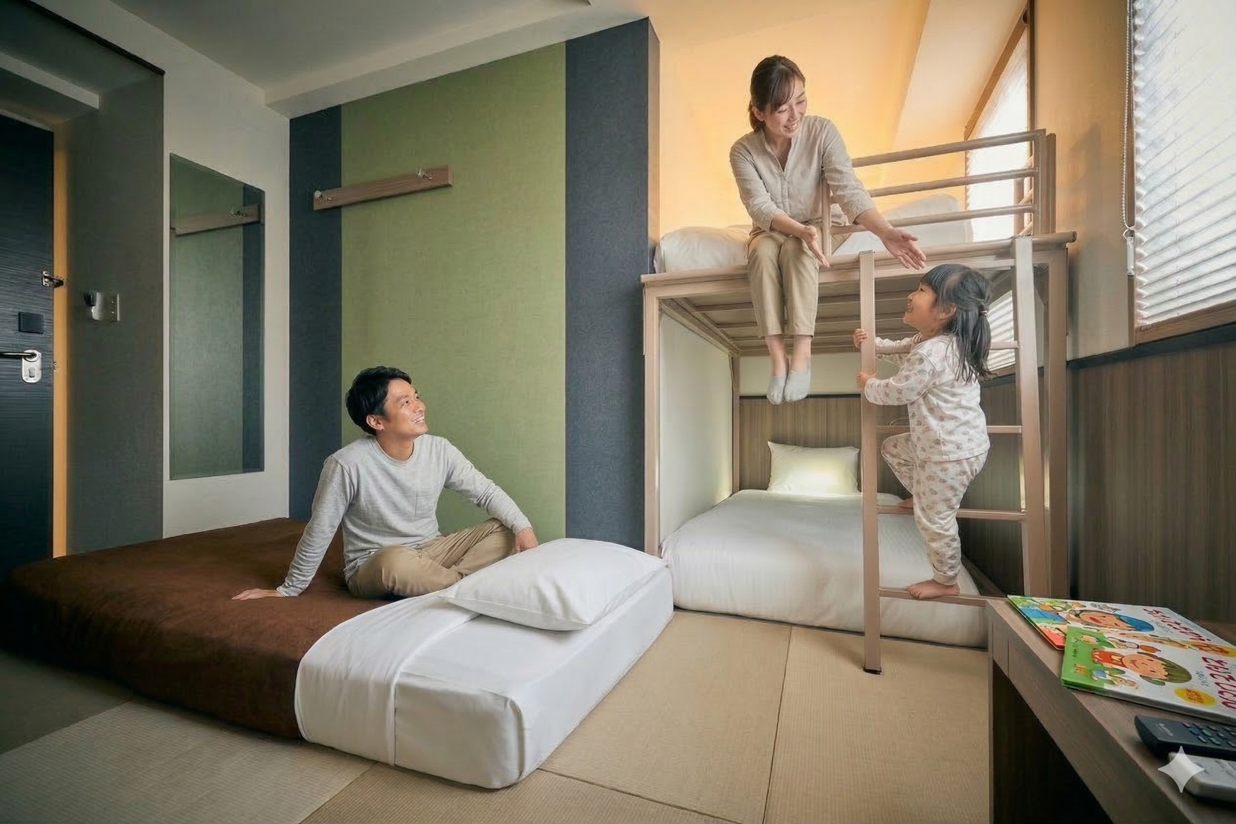 コンフォートルームは、畳の上のソファをベッドに組み替え可。親子水入らずの時間をお過ごしいただけます。