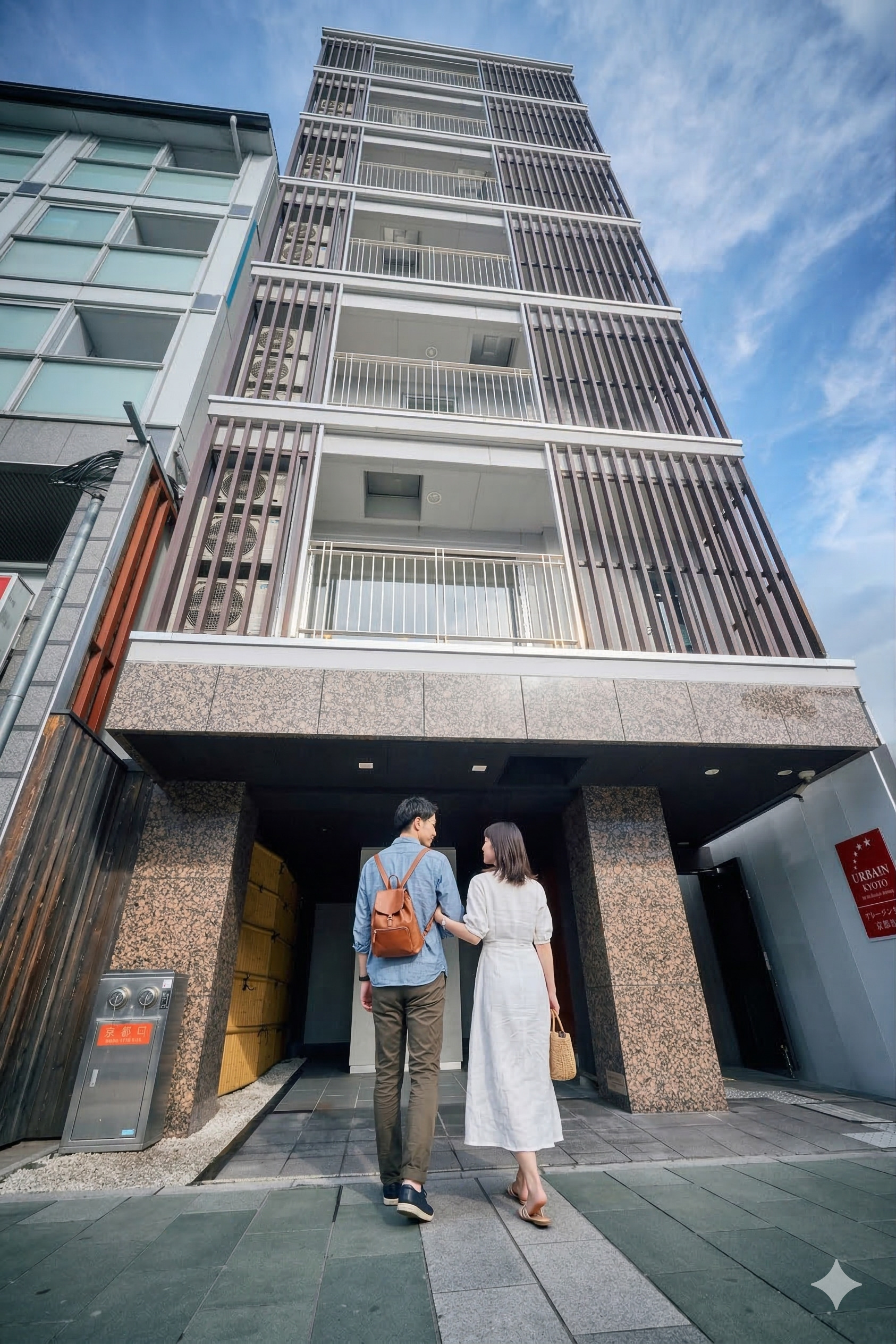 日中のホテル外観のイメージ。奥へ進んでいただくと、２階 フロントへ通じるエレベーターがございます。