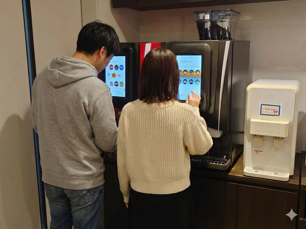 2階ラウンジにある、ドリンクサーバーのご利用イメージ。コーラ&times;ピーチなど、味のブレンドも可能です。