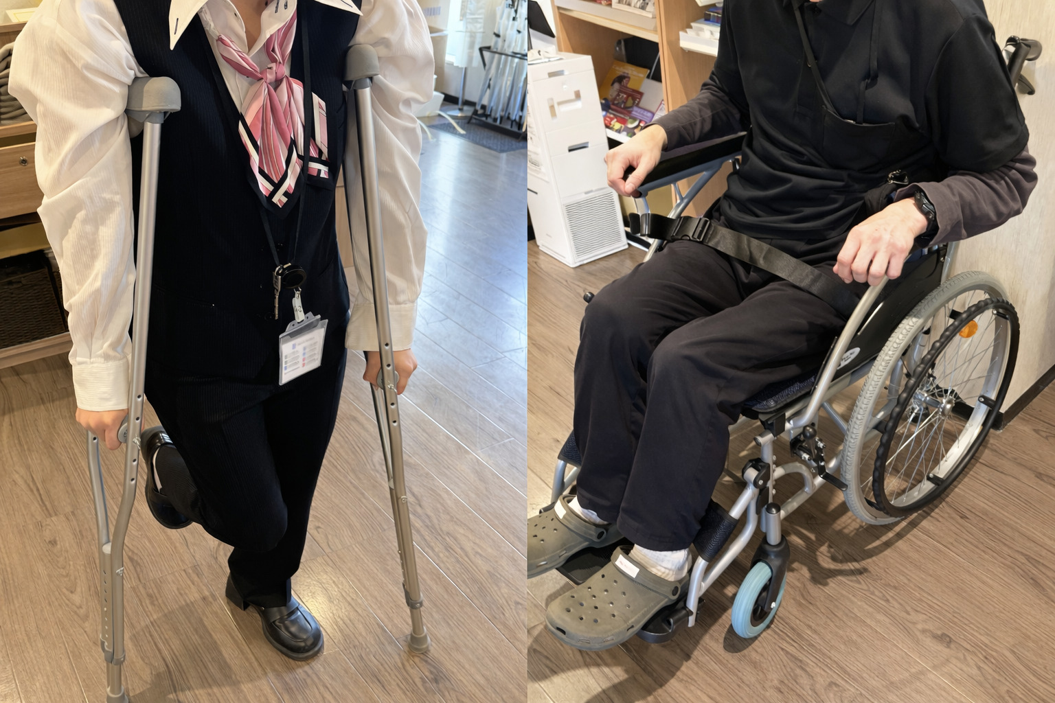 おみ足が不自由な方のため、当館では車いすと松葉杖を常備しております。