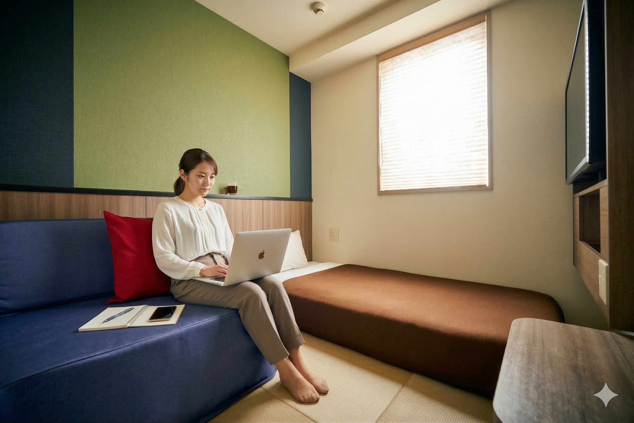 シングルルームにはソファベッドも備え付け。ビジネス利用の方にもぴったりです。