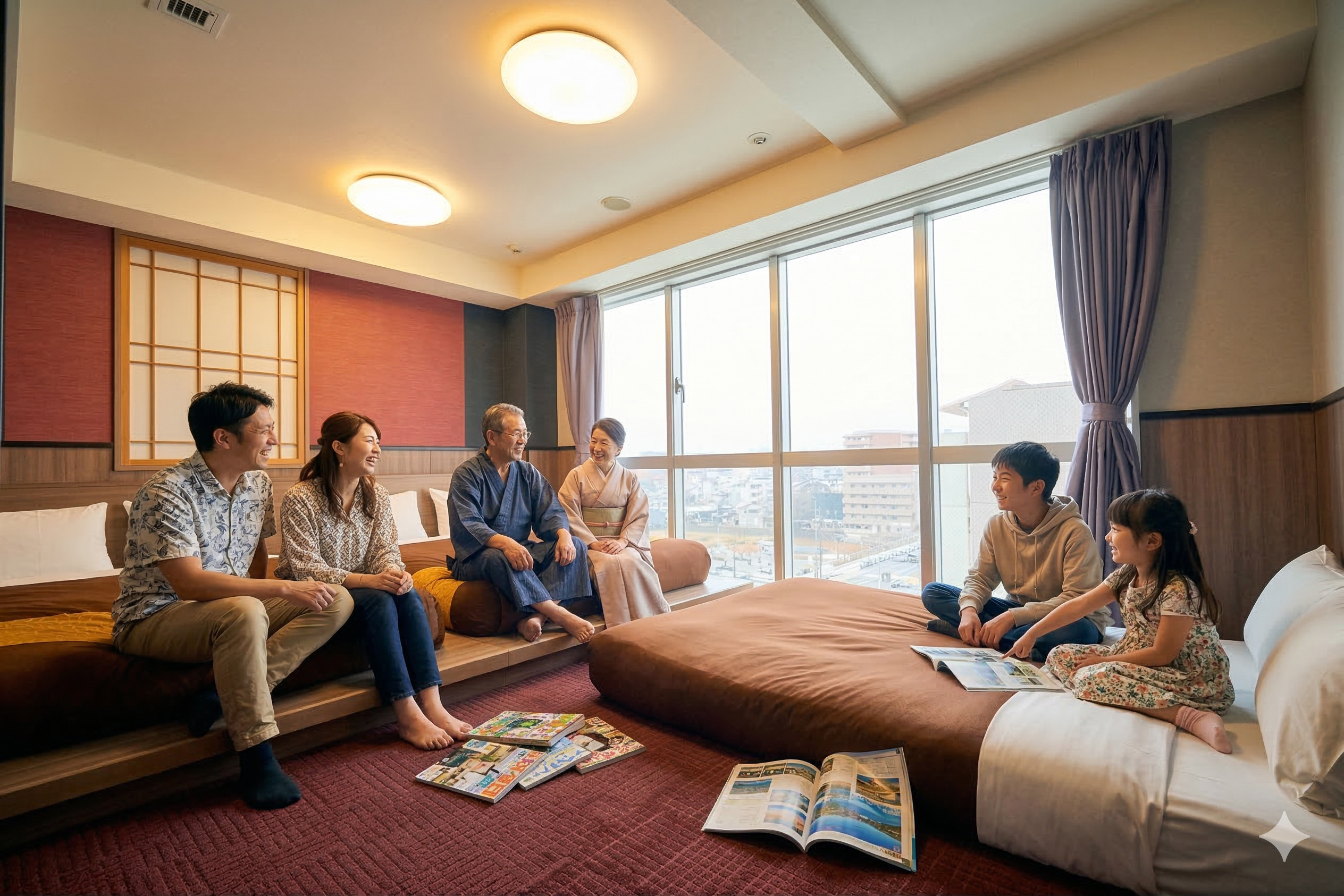 デラックスツインのご利用イメージ。ソファをベッドに組み替えると、６名様までご利用いただけます。