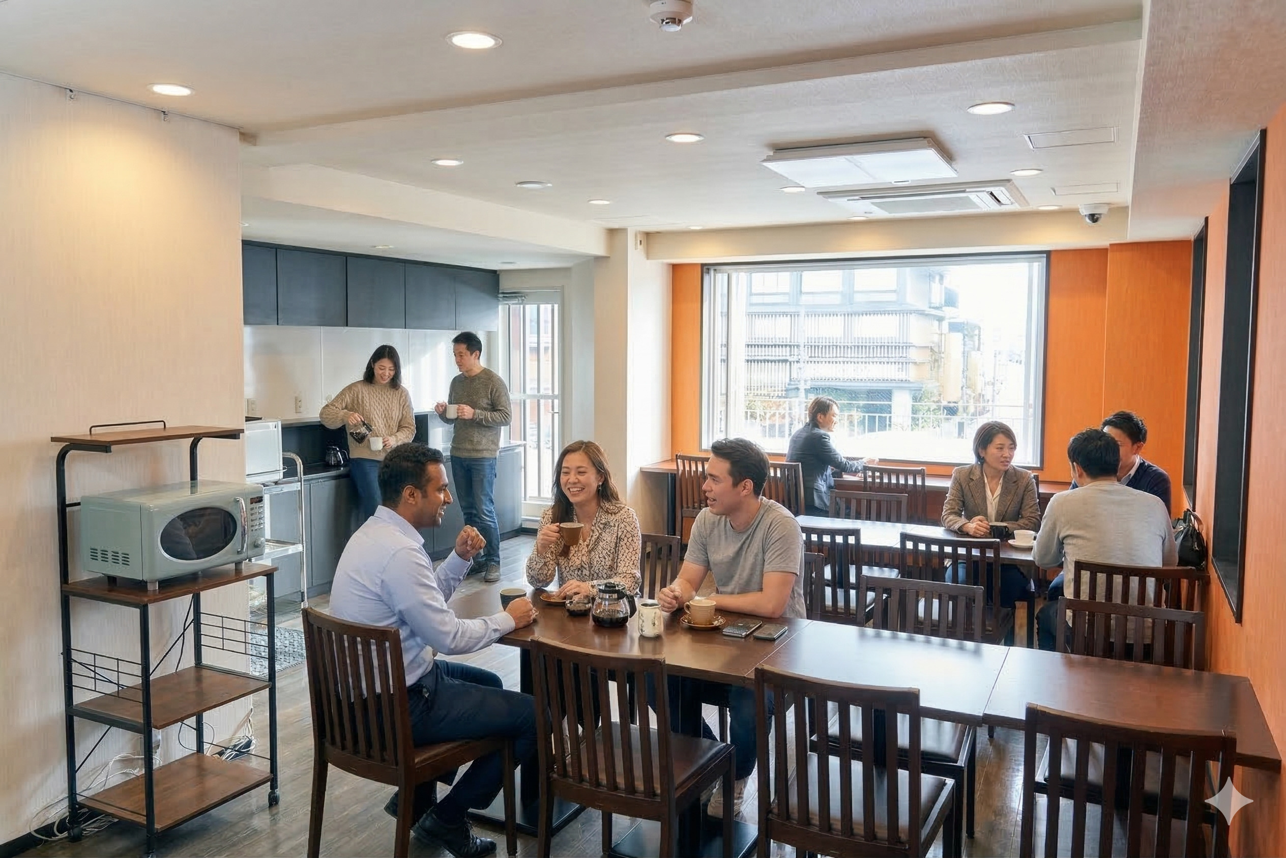 ２階 ラウンジのご利用イメージ。複数のグループの方にご利用いただけます。