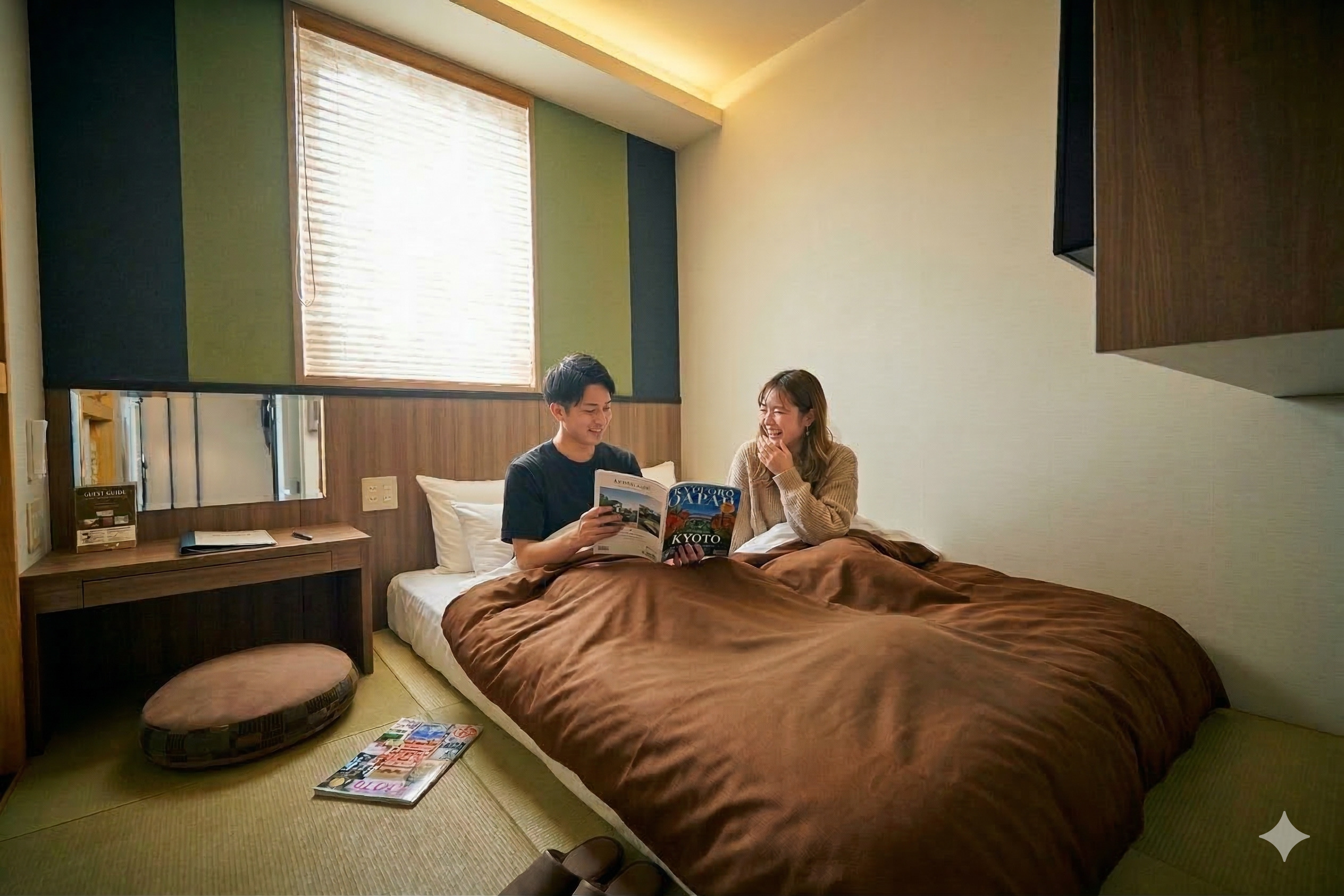 ダブルルームのご利用イメージ。140cm幅のワイドベッドで、特にカップルの方々にご好評です。