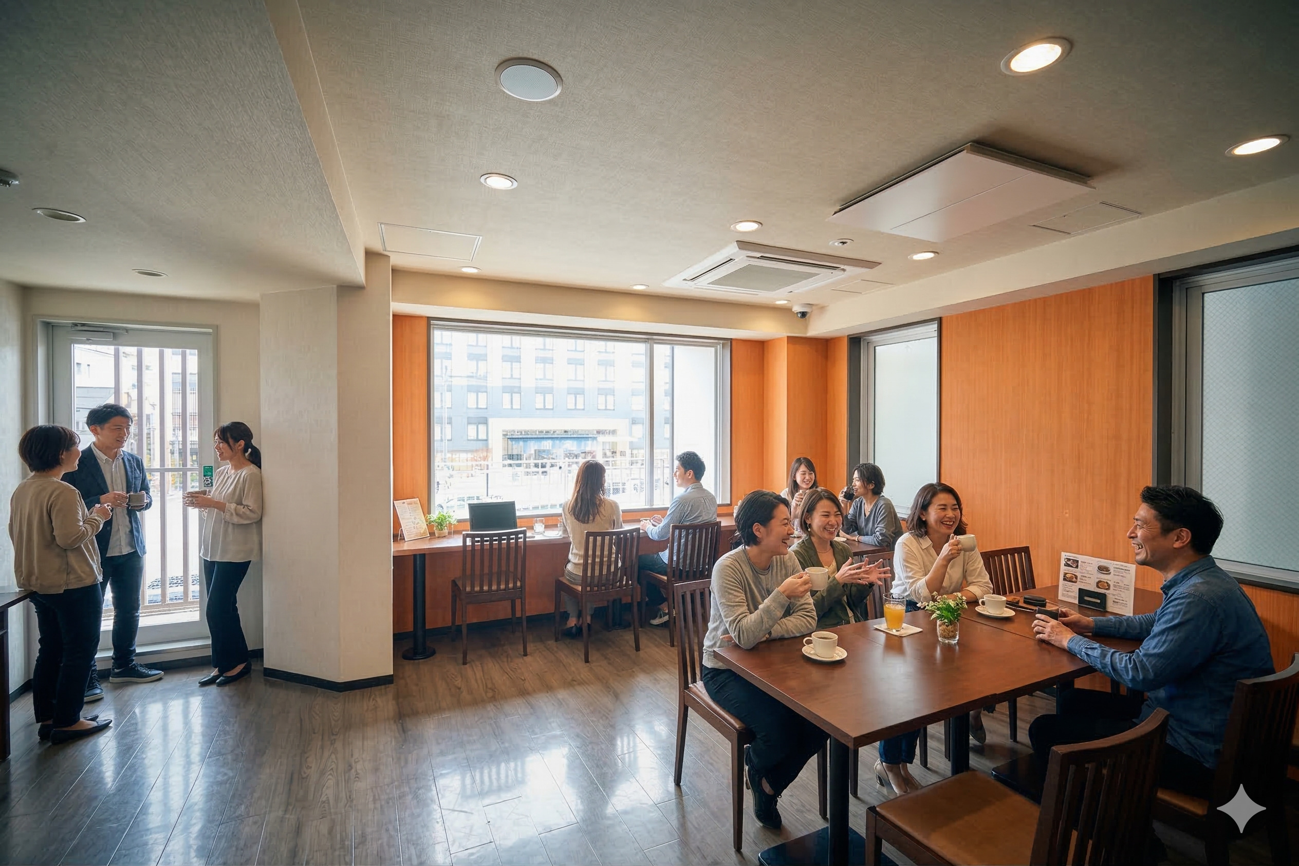 ２階 ラウンジのご利用イメージ。五条通に面した開放的な空間で、ゆったりとお寛ぎいただけます。