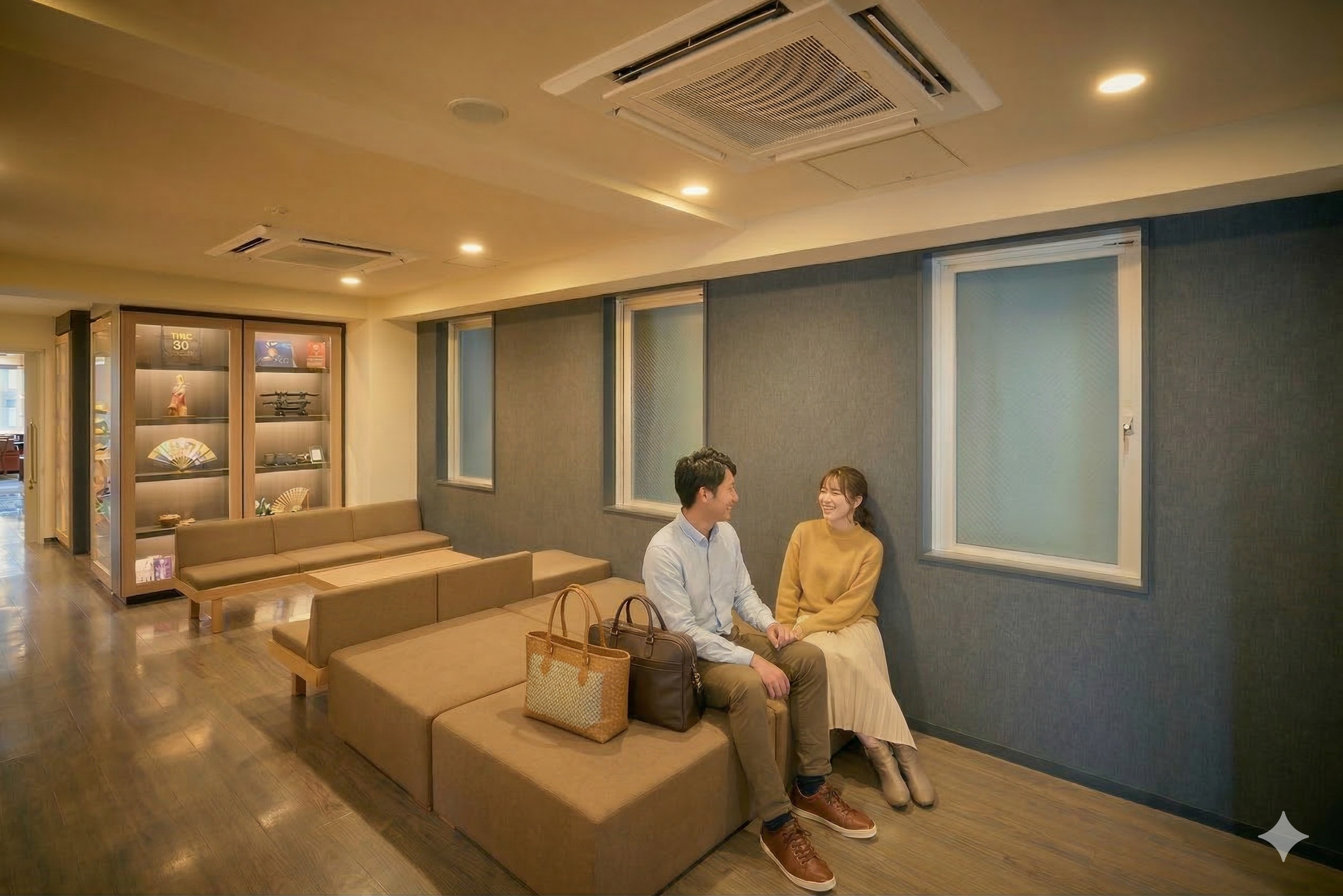 2階 ロビーのご利用イメージ。ソファと長椅子の上で、ゆったりとお寛ぎいただけます。