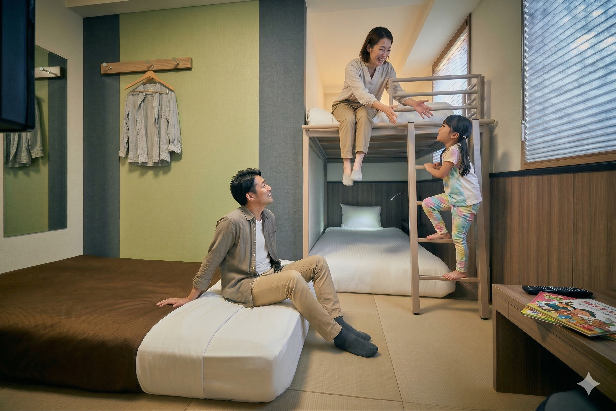 コンフォートルームのソファはベッドに組み替え可。小学生以上のお子様にもゆったりとお寛ぎいただけます。