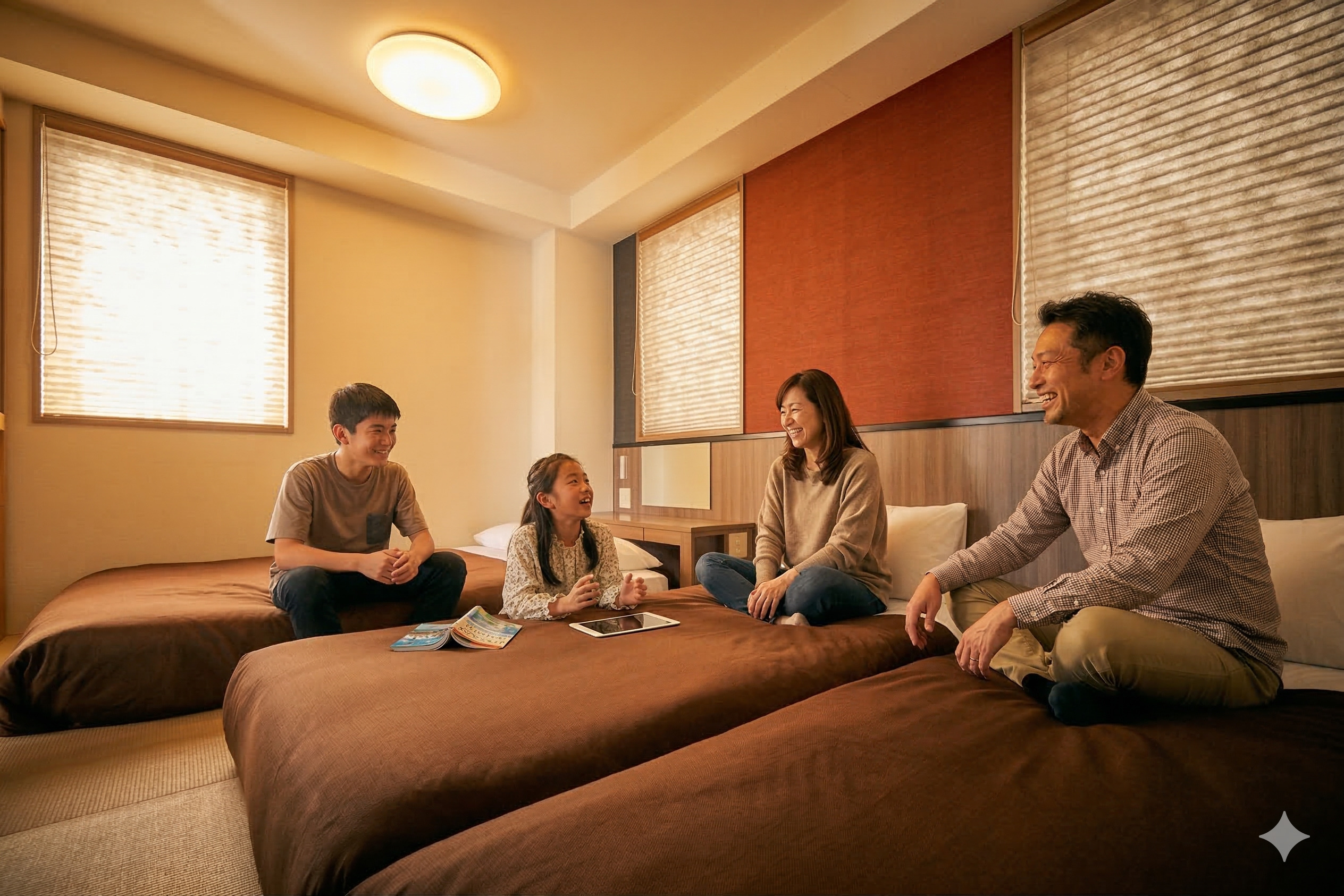 ツインルームのご利用イメージ。ソファをベッドに組み替えると、４名様までご利用いただけます。